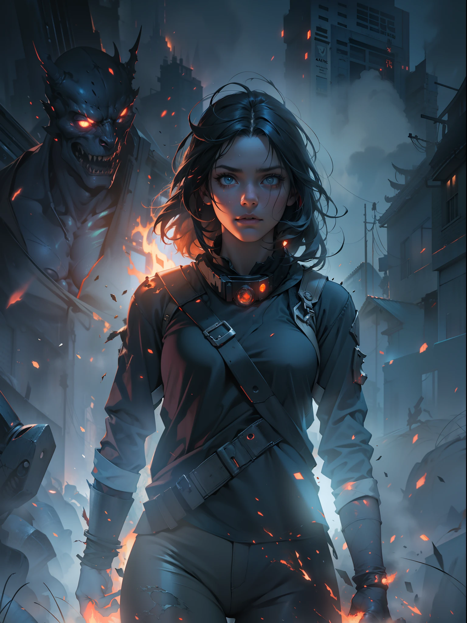 A girl stand at the front of horror monster realistic, heavy fog everywhere, fire ashes, chaotic moments, futuristic situation, cinematic art, cinematic light effects, masterpiece collection, best quality, cinematic portrait, chaotic color and light effects.