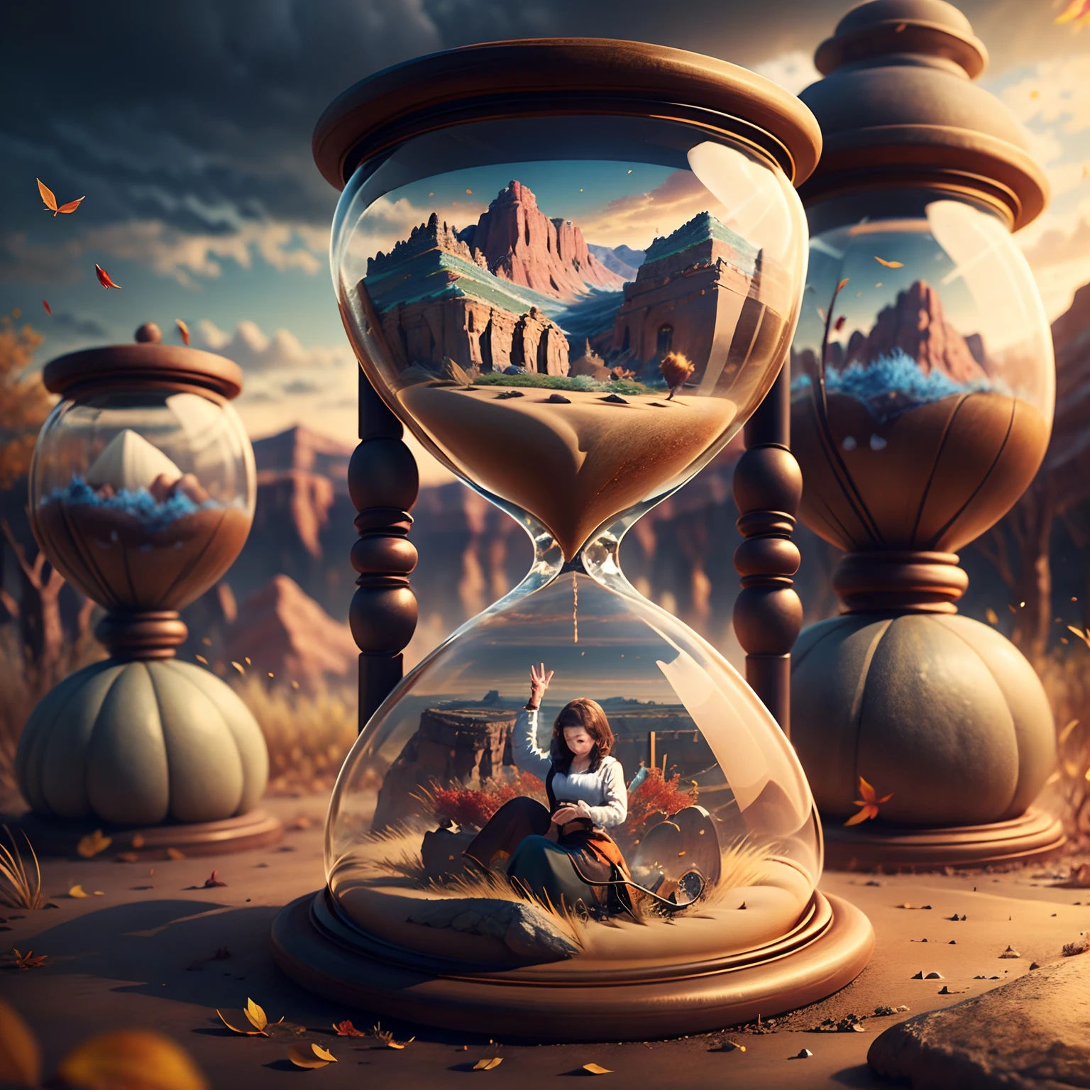 One Woman, Full body, Cute, landscape, Nature, nature backdrop, (１Two hourglass traps)masutepiece, detaileds, High quality,  masutepiece,A hyper-realistic,32K,the Extremely Detailed CG Unity 8K Wallpapers, Best Quality,(autumn day ),Lady ,Necklace ,eardrop, Grand Canyon, United States, ( Brown midi skirt tucked into blouse ) , Light brown hair short hair ,