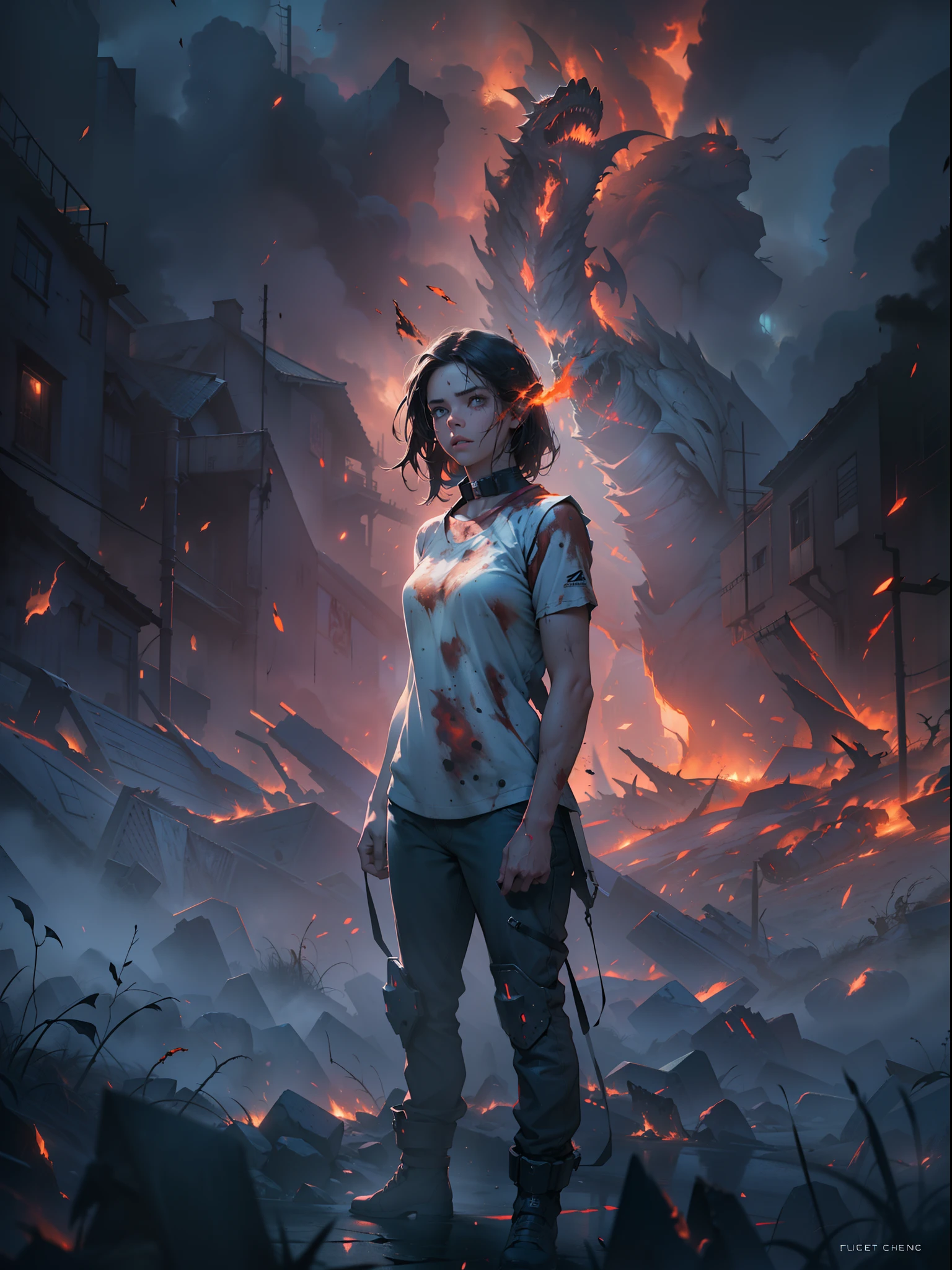 A girl stand at the front of horror monster realistic, heavy fog everywhere, fire ashes, chaotic moments, futuristic situation, cinematic art, cinematic light effects, masterpiece collection, best quality, cinematic portrait, chaotic color and light effects.