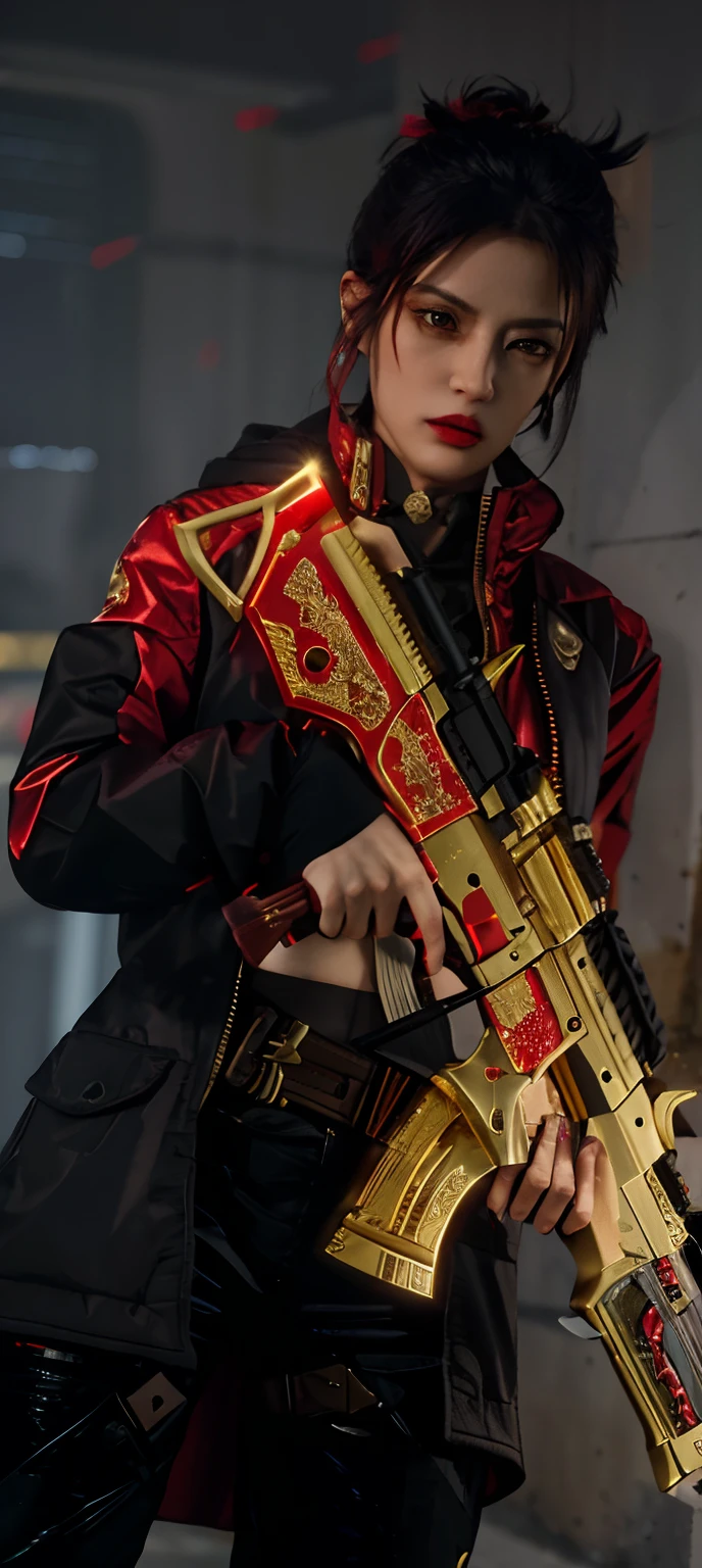 araffe with a gun and a gold plated rifle, gold and red metal, holding ego weapons, realistic weapon, gold and red, cyberpunk accessory, holding jagged scimitar, shining gold and black and red, red and golden color details, female rouge assassin