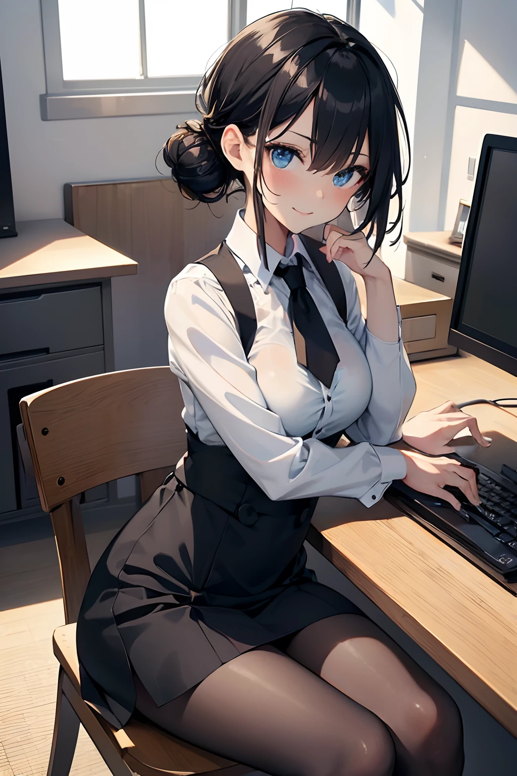 (RAW, best quality, masterpiece:1.5), (photo realistic, intricate details:1.2), ultra highres, absurdres, 1girl, beautiful face, blue eyes, green eyes, detalied eyes, symmetric eyes, light on face, nose blush, short hair, hair bun, black hair tie, clk, vest, suit, pencil miniskirt, white shirt, silk scarf, black pantyhose, [:20d, :0.8], smile, small dimples, sexually suggestive, medium breasts, slim waist, slim legs, long legs, sitting on chair in front of desk, perfect body, good proportions, looking at viewer, (office, indoor, hyper detailed background:1.2), japan, copy machine, file cabinet, computer, monitor, shiny skin, real skin texture, natural lighting, best lighting, detailed background, detailed shadow, sharp focus, depth of field f/2, saturated, high contrast, strong light and shadow