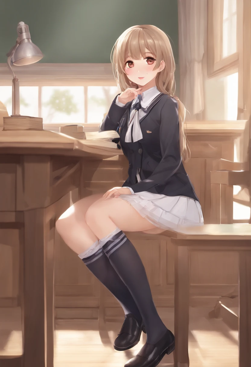 This photo is anime-style,There is only one girl in the subject,The background is in the classroom,She wears a student uniform,He wore black knee-length socks on his legs,Both legs are thin。This girl is very young,loli face,it's lovely。She sat in a chair in the classroom,Facing the camera,Spread your legs to reveal your panties,A hand was placed on it。