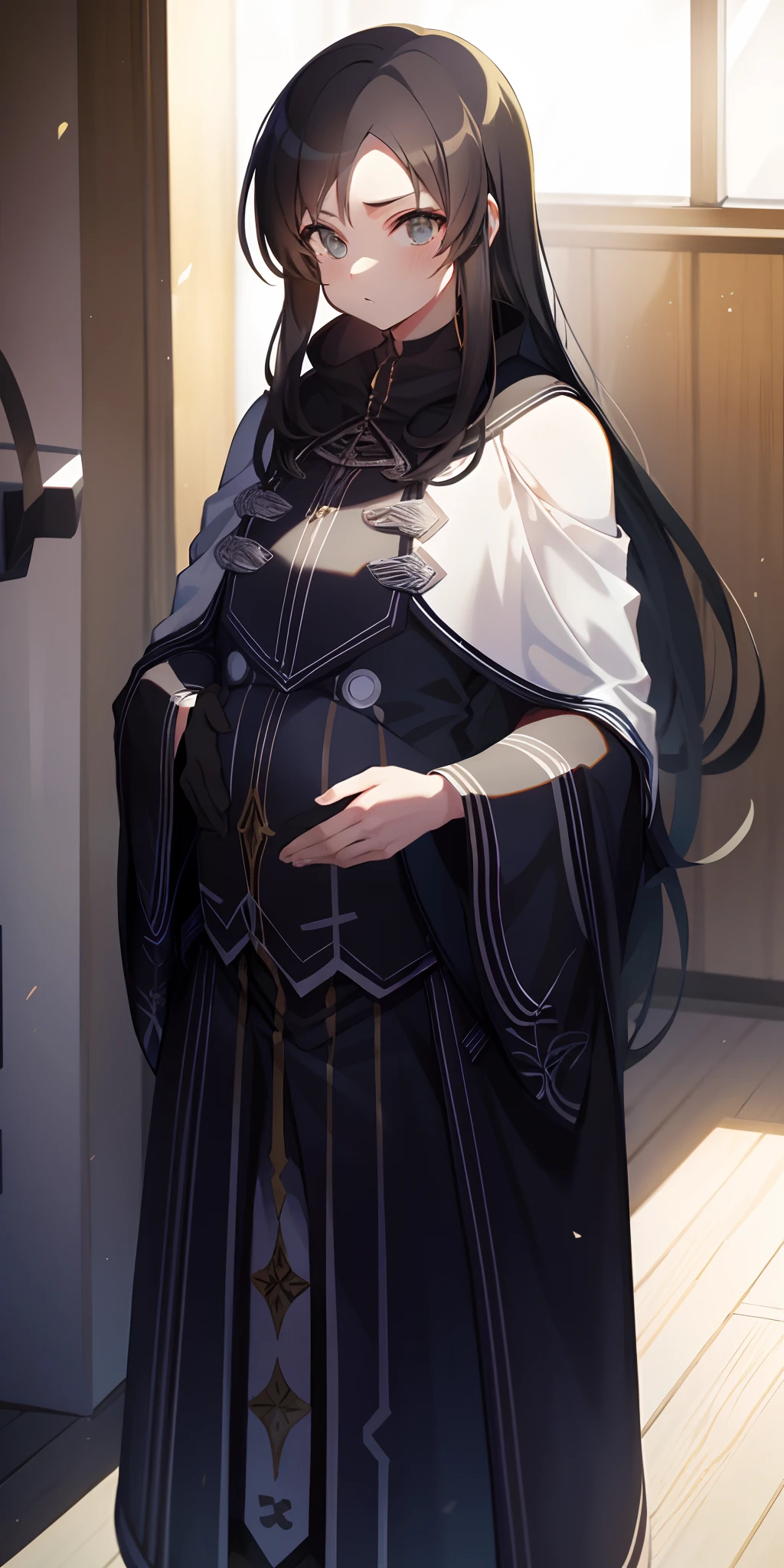 Nanahoshi, 1girl,  girl, long black hair, white mask, black cloak, pregnant, pregnant belly