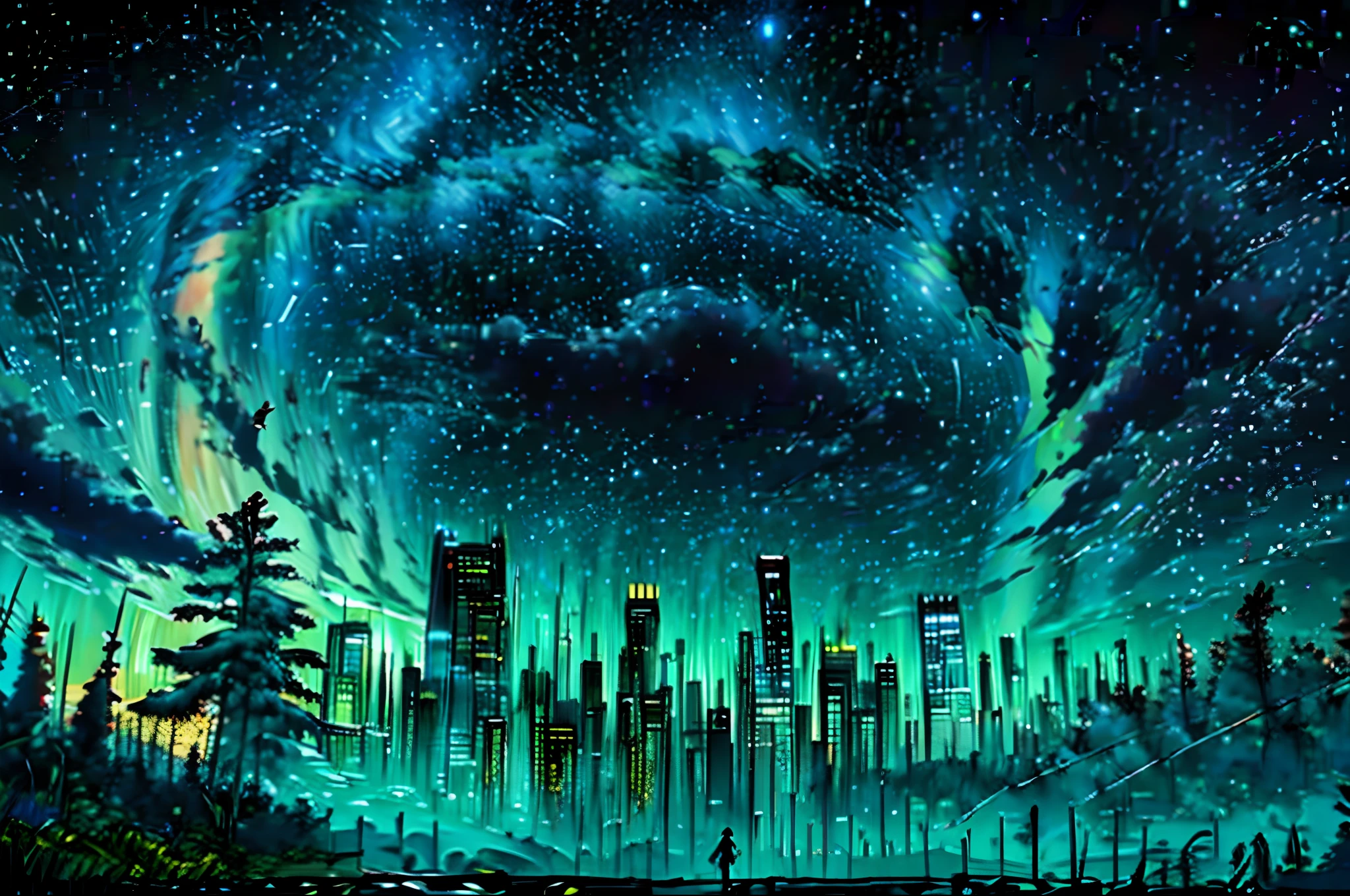 octane, sky, star (sky), landscape, starry sky, night, , night sky, solo, outdoor, signature, building, clouds, milky way, sitting, tree, long hair, city, silhouette, cityscape