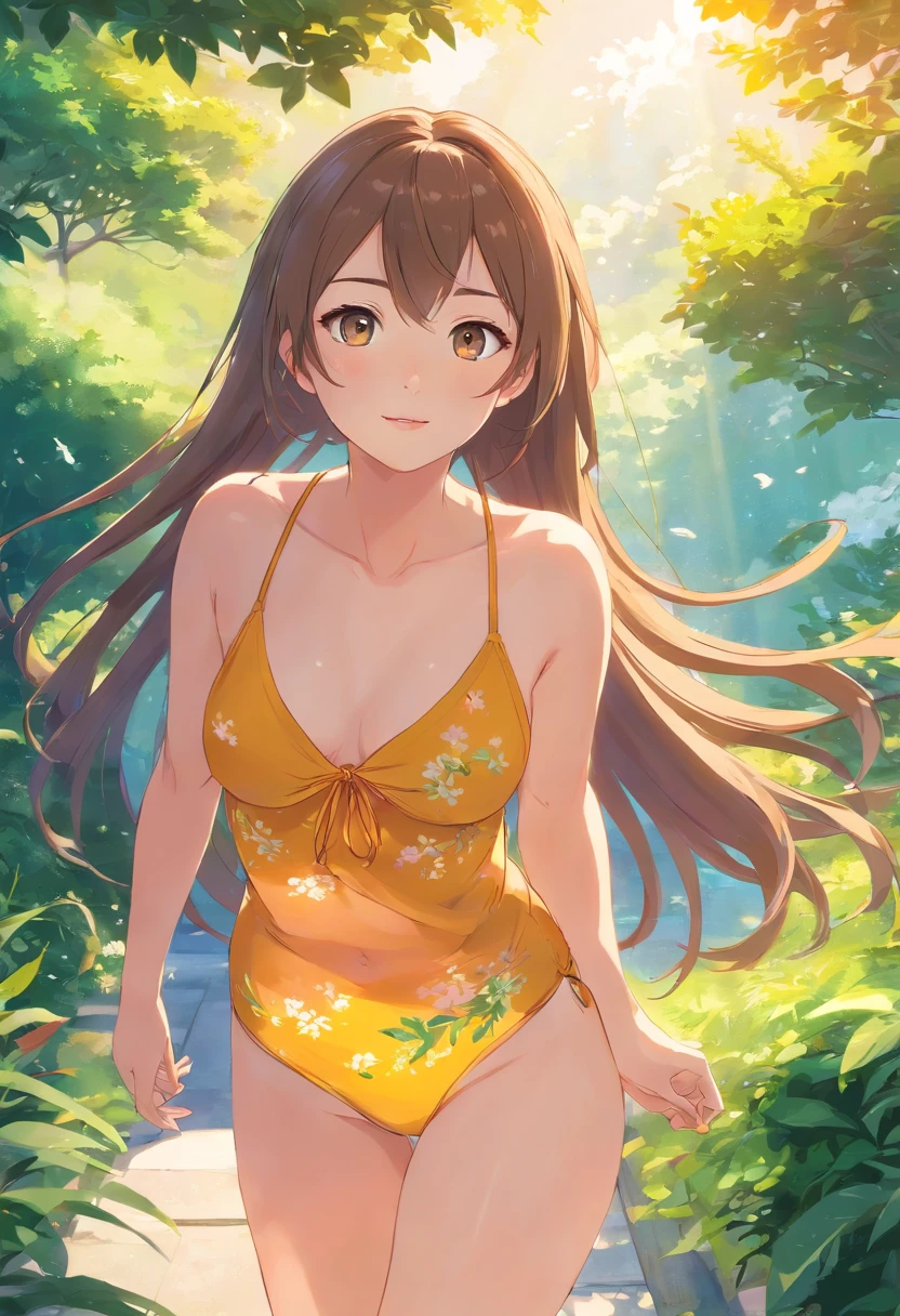 This is your Stable Diffusion prompt:
A beautiful girl in a garden, wearing a bikini, with detailed eyes and lips. She has a confident and joyful expression, standing in a graceful pose. The sunlight gently illuminates her face, creating soft shadows and highlights. The garden is filled with vibrant flowers and lush greenery, creating a colorful and lively atmosphere. The girl's long flowing hair is gently blowing in the breeze, adding a sense of movement to the scene. The overall image should have the best quality, with ultra-detailed features and a realistic and photorealistic rendering. The colors are vivid and vibrant, with a warm and sunny color tone. The lighting is soft and natural, with subtle shadows and highlights that enhance the depth and dimension of the image.