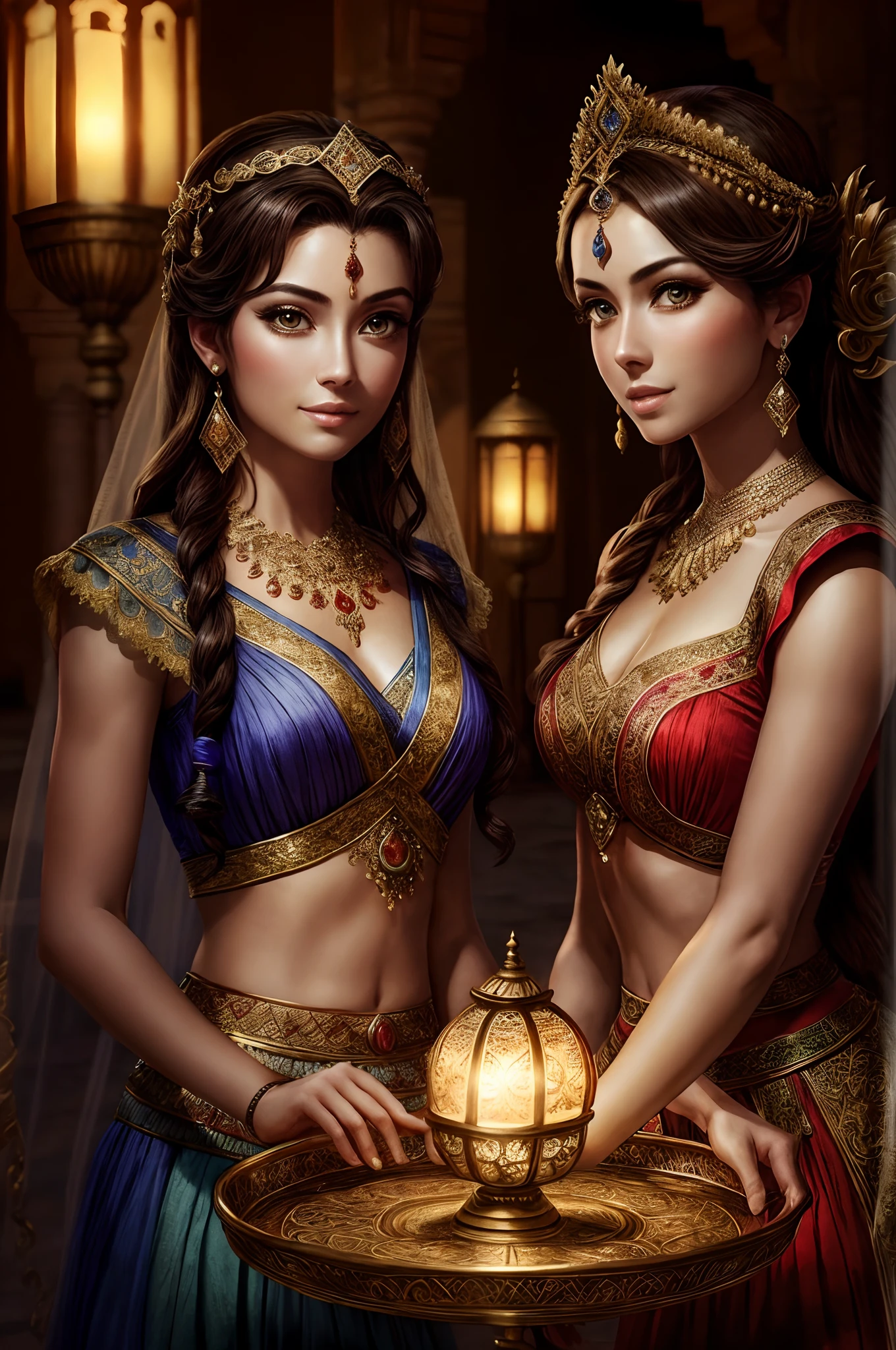 top quality, best quality, High-quality illustrations, masterpiece, super high resolution, detailed background, detailed background, Aladdin, (alebrijes art style),The Arabian palace's Entertainment, Sassanid, turkish lamp,group shot:0.1, 6+women, 6+girls, absurdres(highly detailed beautiful face and eyes)perfect anatomy, expression, good lighting, cinematic shadow,(kemono,),