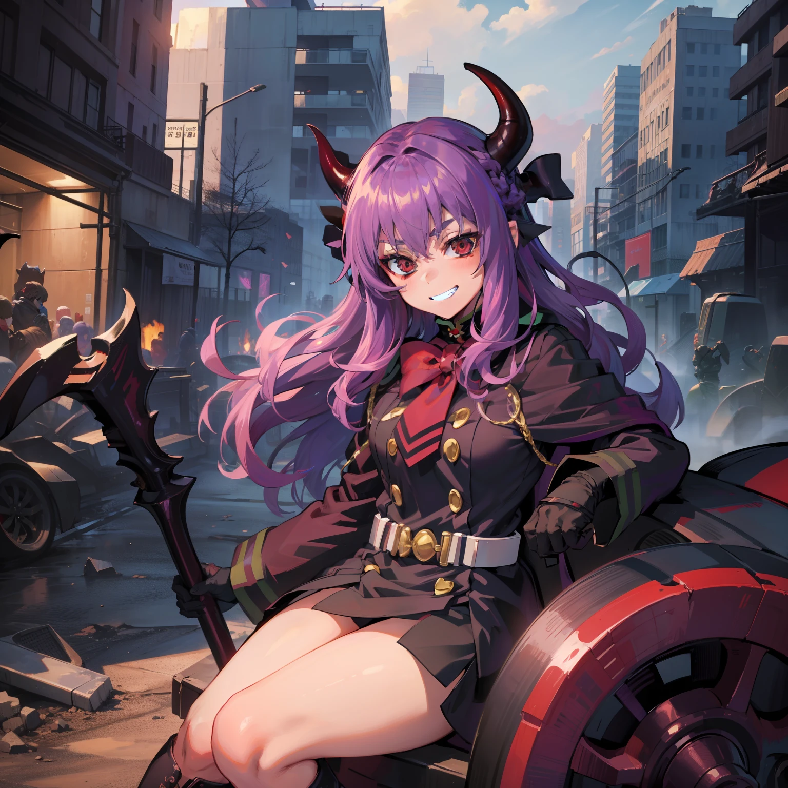 (Masterpiece), Best Quality, expressive eyes, a perfect face, 1girl, solo, purple hair, red eyes, demon, one horn, horn in the middle of the forehead, demon horn, dress, long boots, grin, long gloves with cutouts, in destroyed world, grin, Shinoa, Shihoa Hiiragi