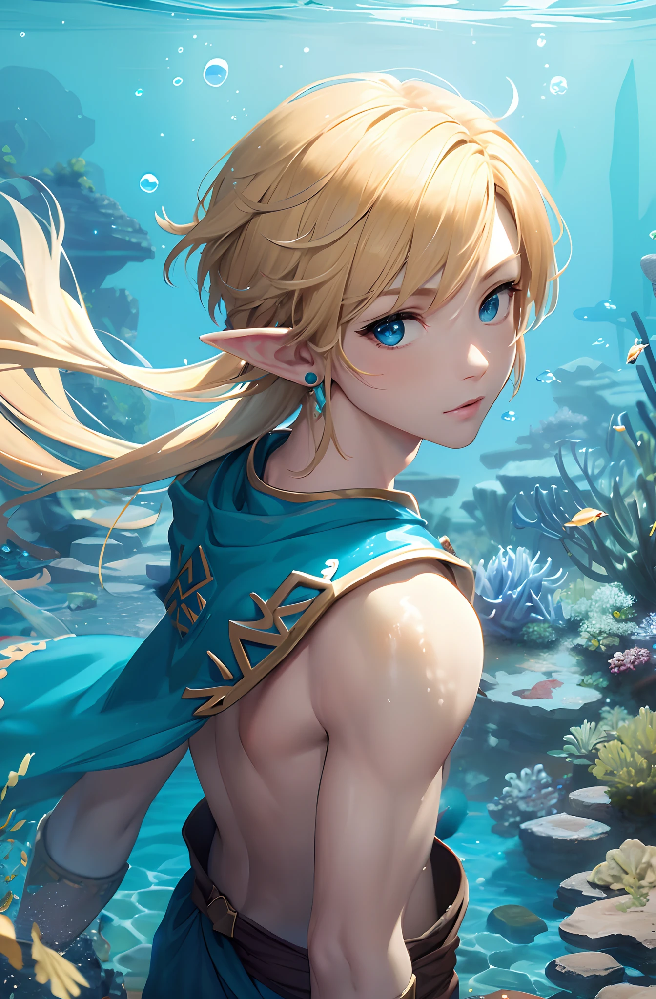 A woman in a blue dress standing in front of a coral reef - SeaArt AI
