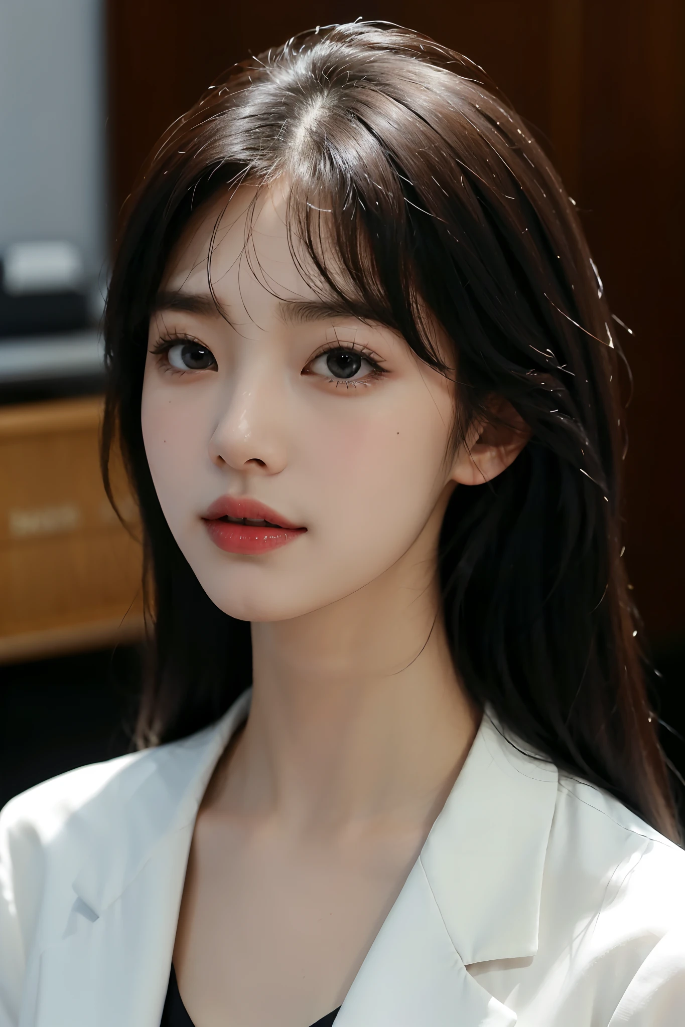 High-res, Realistic portrait of professional korean office lady with perfect skin，Professional suits，Women's suits，stand posture，The upper part of the body，Women in the workplace，Show confidence and maturity, Surrounded by a modern corporate environment, Vibrant and naturally lit highlights. The artwork should emphasize her elegant facial features, Including charming long eyes, Fluttering eyelashes and seductive lips. The scene should be enhanced with elements of professionalism and visual appeal，For example, Stylish work desk, Mainframe computers, High-resolution display, and complex stationery. The overall tone should be warm and professional, Has a soft and natural color palette. The artwork should exude a sense of professionalism, Success, and cultural pride，The background is blurred out