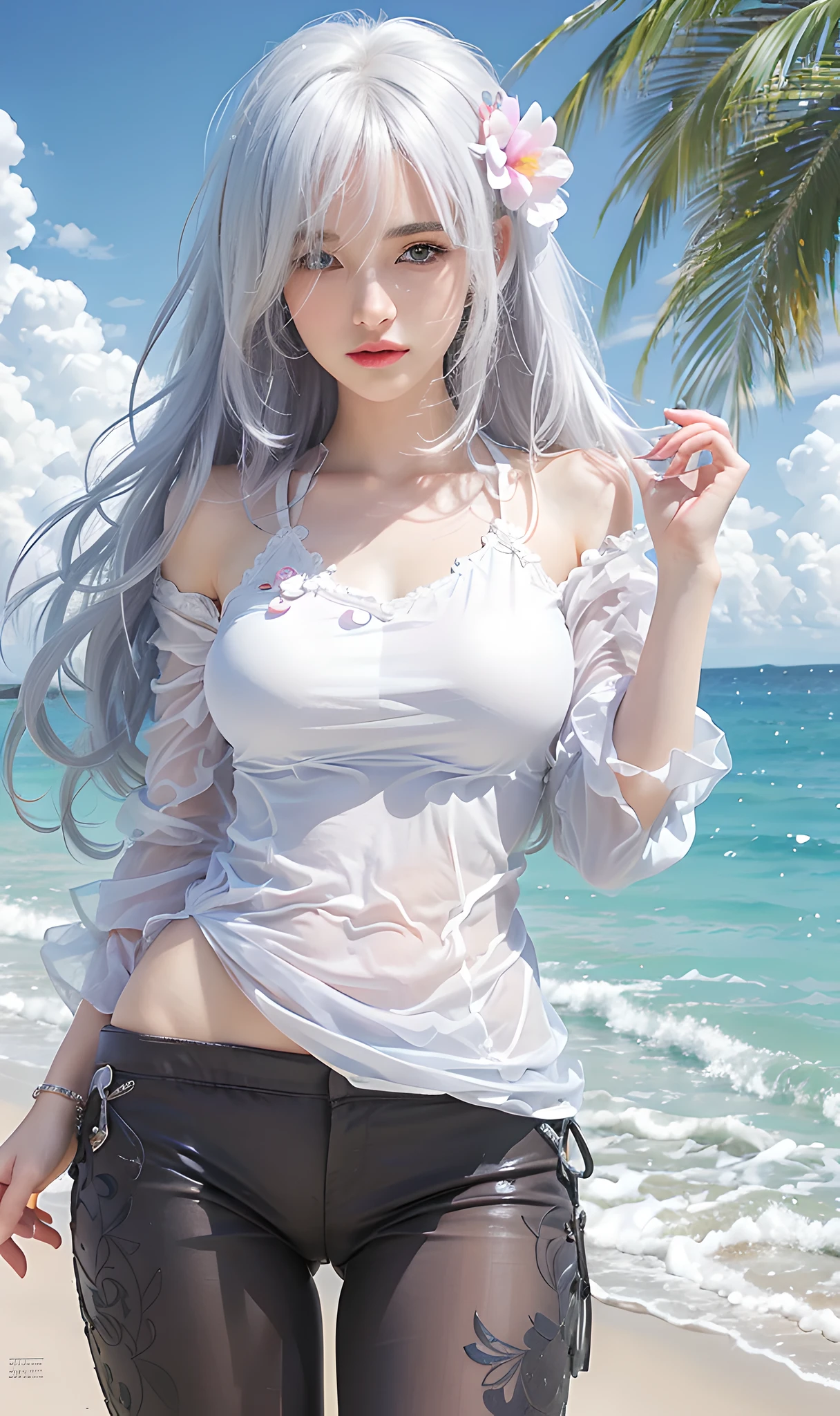 (photorealistic:1.4), best quality, masterpiece, ultra high res, 1girl, (detailed face:1.2), (detailed eyes:1.2), (detailed hair:1.2), (detailed clothes:1.2), 4k, (detailed color:1.2), (white hair:1.2), long pants, white t shirt, hair ornaments,