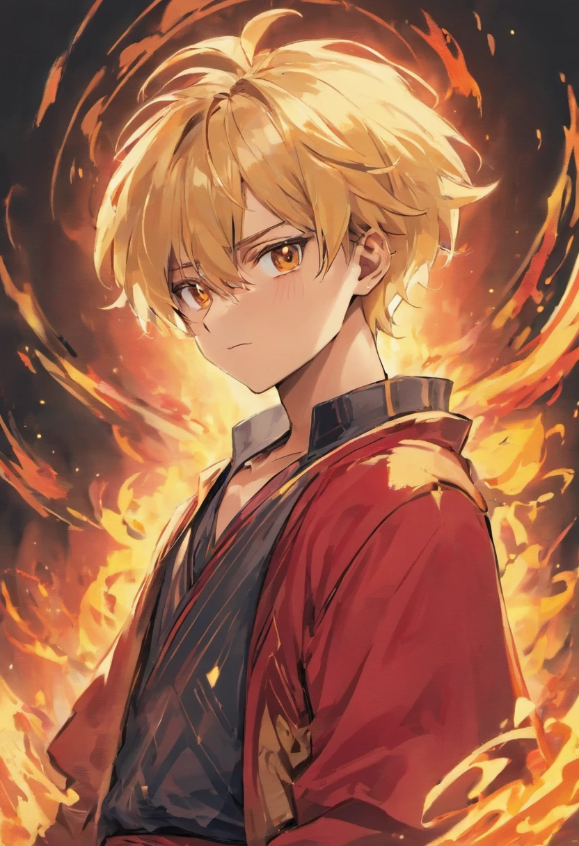 Alibaba is a young man of average height with blond hair and golden eyes. He has a short, thick ahoge on his hair, and wears a small red rope tied around his neck, He initially wore a traditional Arabian outfit with a sash around his waist to hold his knife, black boots with blue stripes, with white clothes, and one earring in each ear, he additionally started wearing two red earrings on the top of his left ear, with fighting poses with flames around, and make it anime style