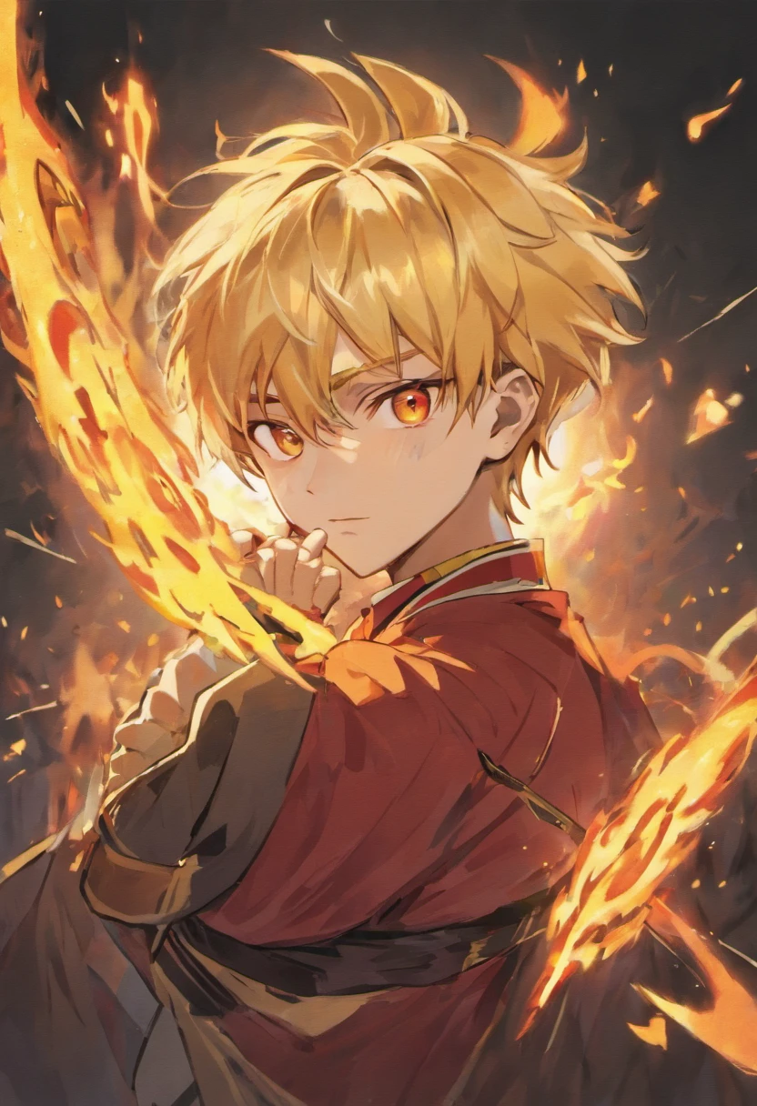 Alibaba is a young man of average height with blond hair and golden eyes. He has a short, thick ahoge on his hair, and wears a small red rope tied around his neck, He initially wore a traditional Arabian outfit with a sash around his waist to hold his knife, black boots with blue stripes, with white clothes, and one earring in each ear, he additionally started wearing two red earrings on the top of his left ear, with fighting poses with flames around, and make it anime style