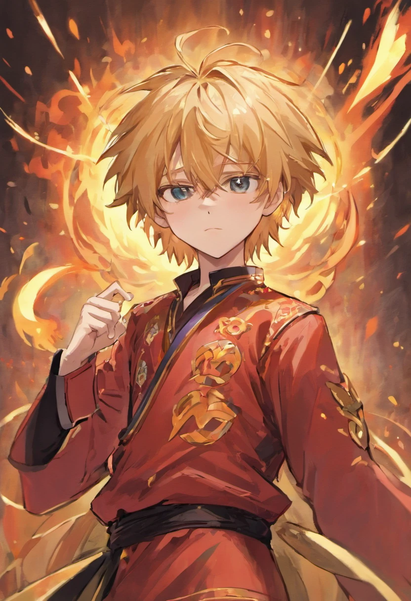 Alibaba is a young man of average height with blond hair and golden eyes. He has a short, thick ahoge on his hair, and wears a small red rope tied around his neck, He initially wore a traditional Arabian outfit with a sash around his waist to hold his knife, black boots with blue stripes, with white clothes, and one earring in each ear, he additionally started wearing two red earrings on the top of his left ear, with fighting poses with flames around, and make it anime style