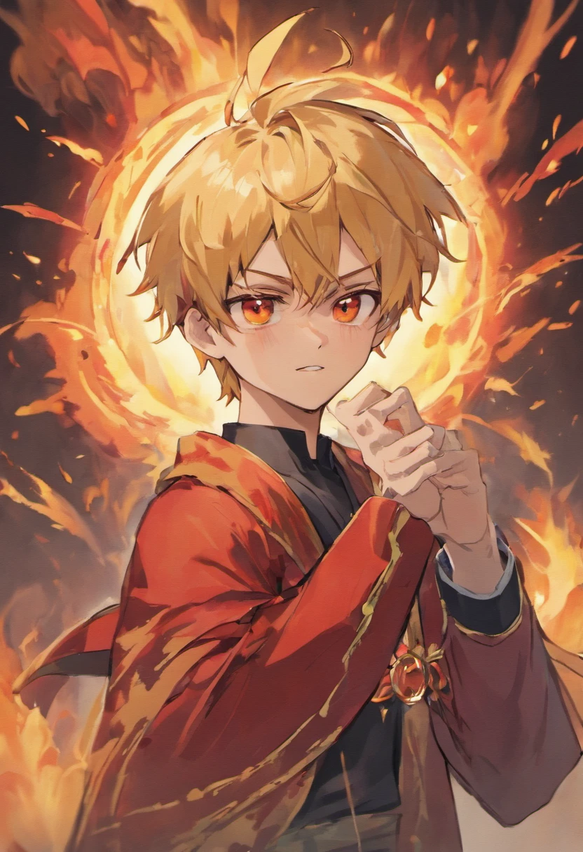 Alibaba is a young man of average height with blond hair and golden eyes. He has a short, thick ahoge on his hair, and wears a small red rope tied around his neck, He initially wore a traditional Arabian outfit with a sash around his waist to hold his knife, black boots with blue stripes, with white clothes, and one earring in each ear, he additionally started wearing two red earrings on the top of his left ear, with fighting poses with flames around, and make it anime style