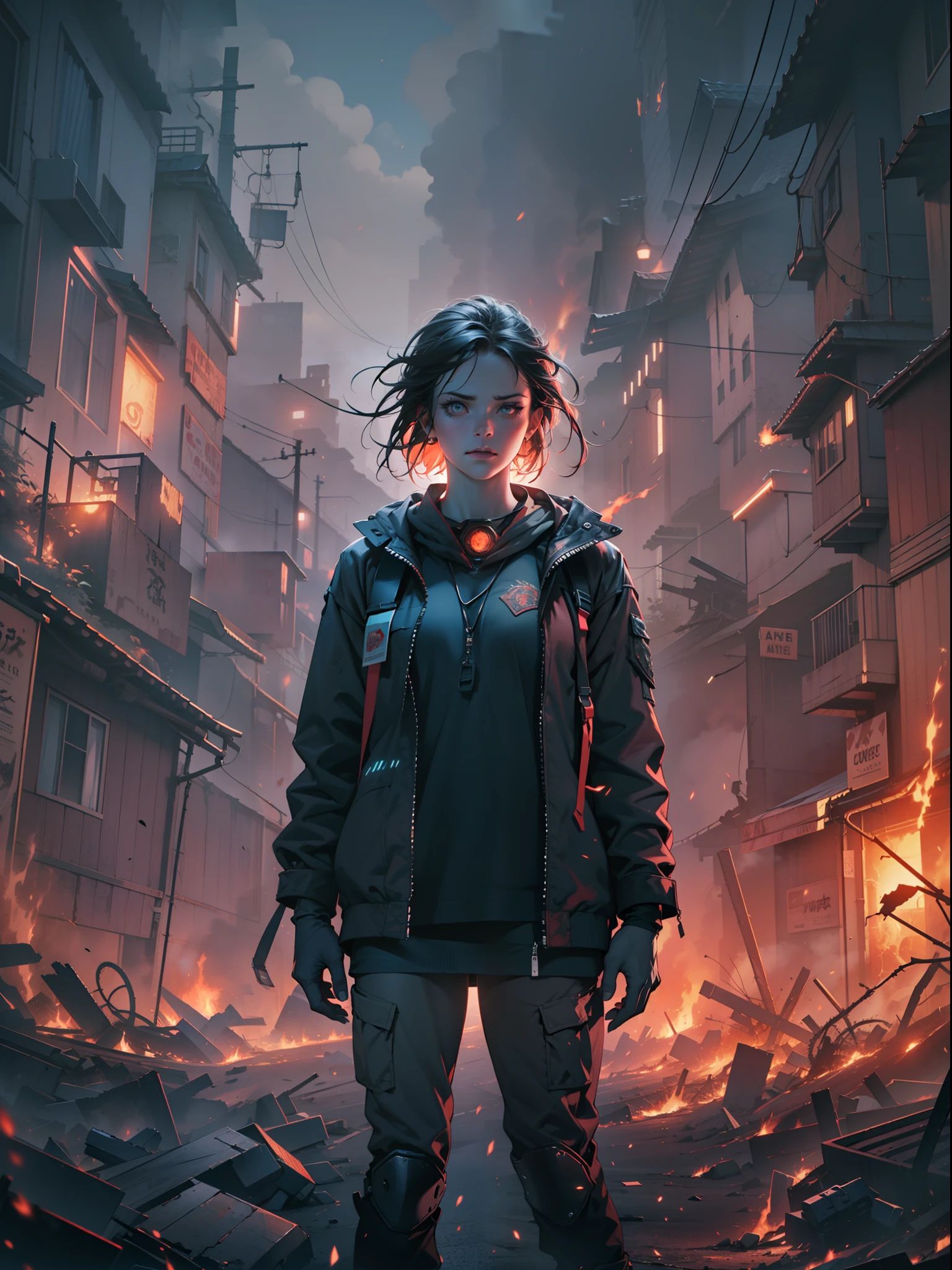 A girl stand at the front of horror monster realistic, heavy fog everywhere, fire ashes, chaotic moments, futuristic situation, cinematic art, cinematic light effects, masterpiece collection, best quality, cinematic portrait, chaotic color and light effects.