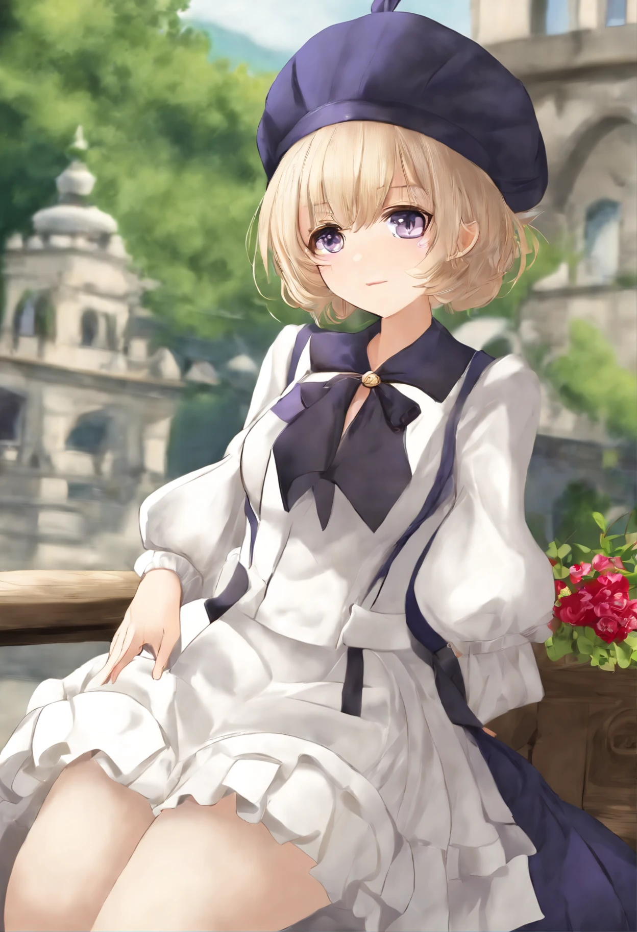 Anime girl sitting on a bench with a flower in her hand - SeaArt AI