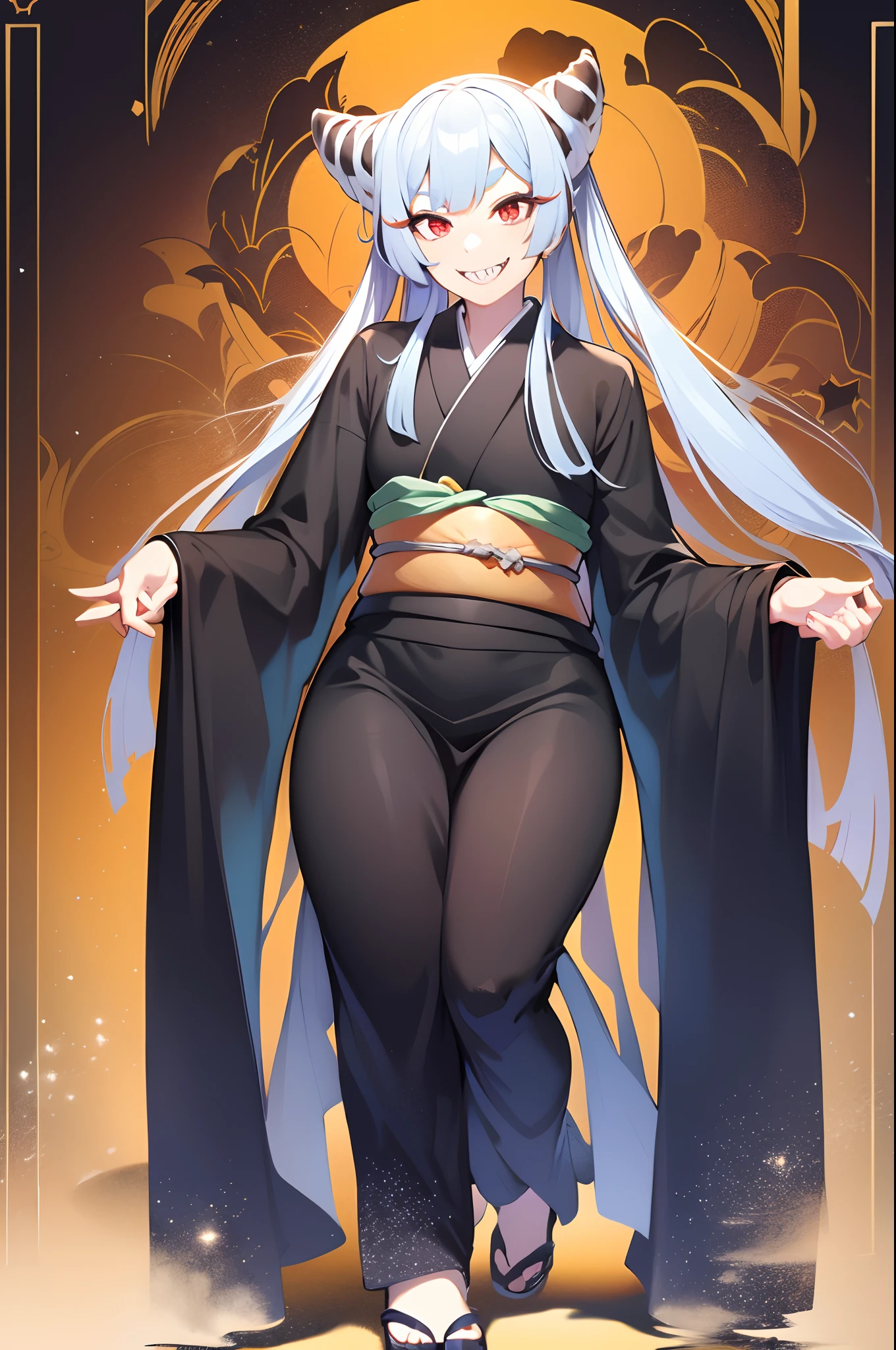 Urara ayashimon, silver hair, horns hair, red eyes, ****, black kimono, sharpteeth, smug, smile, full body, flipflops,