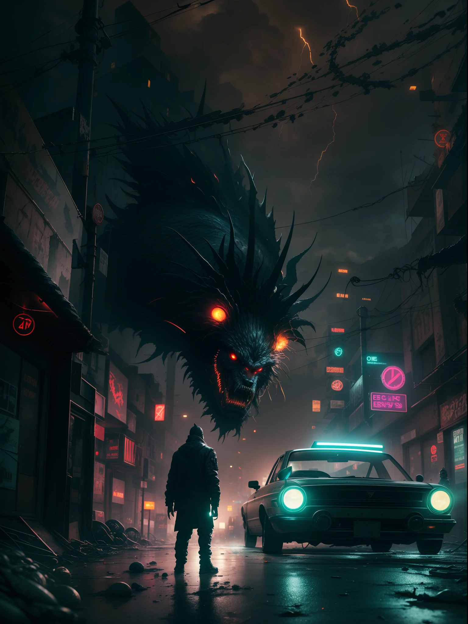 best quality,4k,highres,masterpiece:1.2,ultra-detailed,realistic,photorealistic:1.37,cityscape,horrifying monster,glowing eyes,scaly skin,dark alleyways,massive claws,gritty graffiti,neon lights,futuristic buildings,dystopian atmosphere,ominous shadows,mysterious fog,haunting presence,menacing silhouette,thunderstorm,electric sparks,nighttime,abandoned cars,desolate streets,hustle and bustle,chaotic energy,industrial landscapes,lonely figure,blurry reflections,gleaming metal,deadly encounter,colorful chaos,urban decay,lurking danger,post-apocalyptic setting,menagerie of creatures,ominous soundscape,otherworldly beings+sci-fi,horror