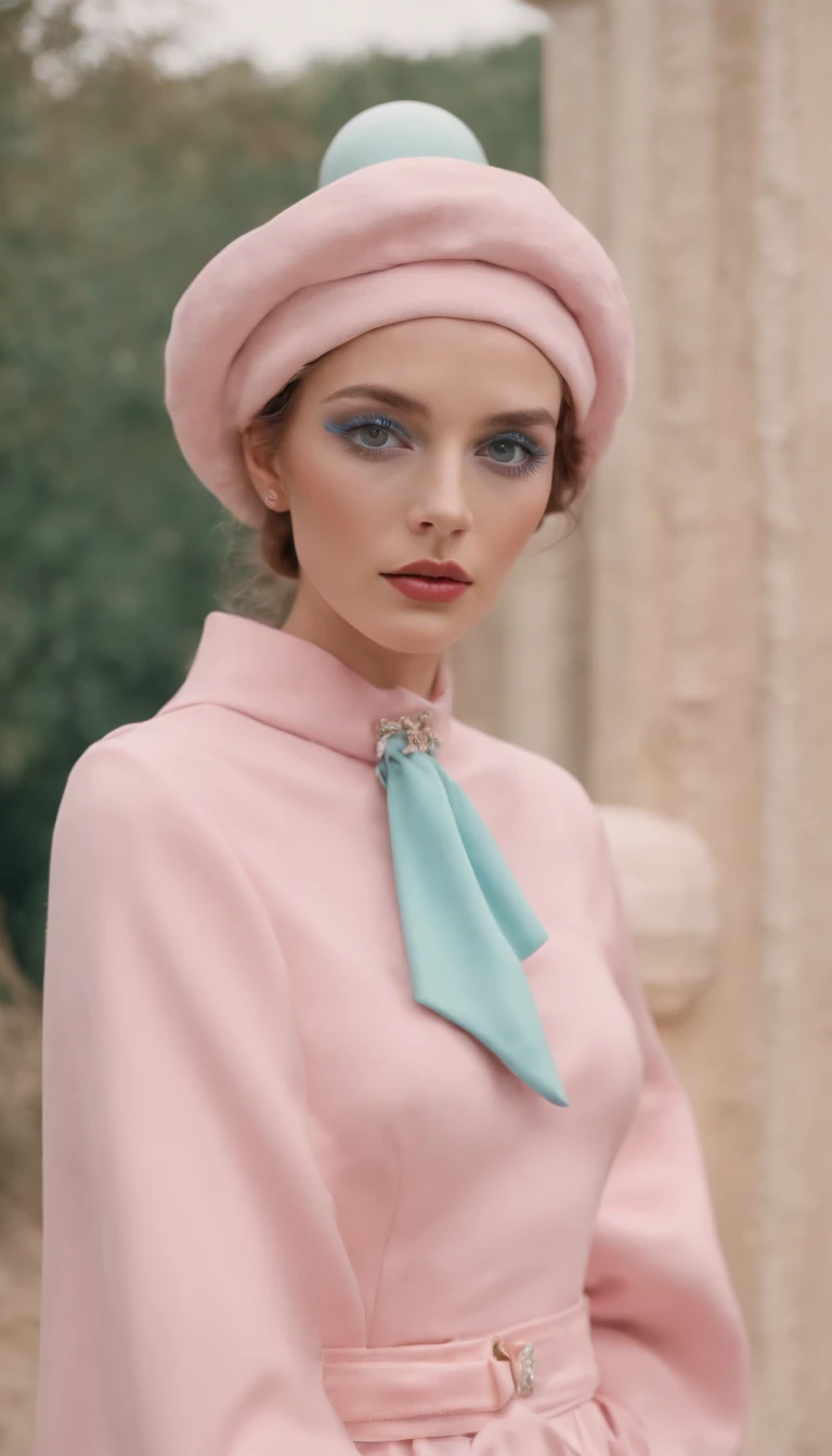 8k portrait of a 1960s science fiction film by Wes Anderson, Vogue anos 1960, pink pastel colors, amarelo, azul, verde, There are people wearing weird futuristic chameleon masks and wearing extravagant retro fashion outfits and men and women wearing alien makeup and old ornaments with mechanical pets in town, Luz Natural, Psicodelia, futurista estranho, fotorrealista, hiper detalhado, foco nítido, Intrinsic, Fuji filmes 55mm,