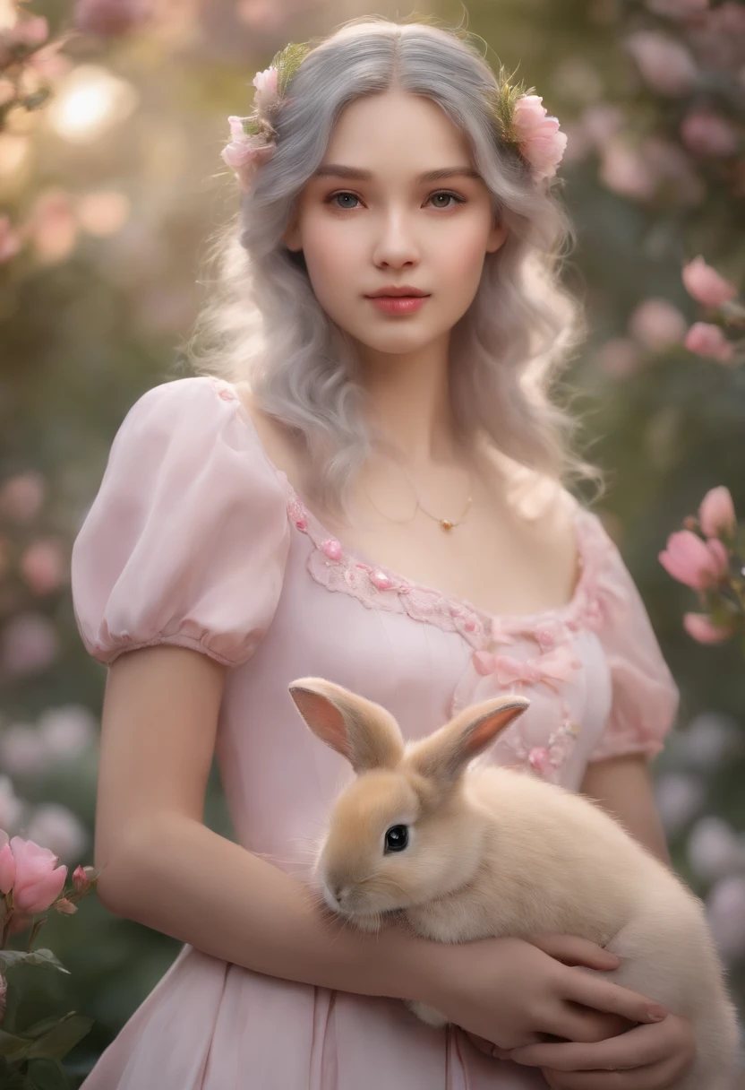 detail, Realism, 4K, , detail in face, Big yellow eyes, Plump lips, Upturned nose, Gray hair with pink hair, wears a white dress, A rabbit in his hand, Flowers in the background, White butterfly in the foreground, Realistic shooting, Depth of field, Soft front light, Glow, hdr (pastel colour: 1.2), Canon RF 100mm F2.8L 宏 IS USM