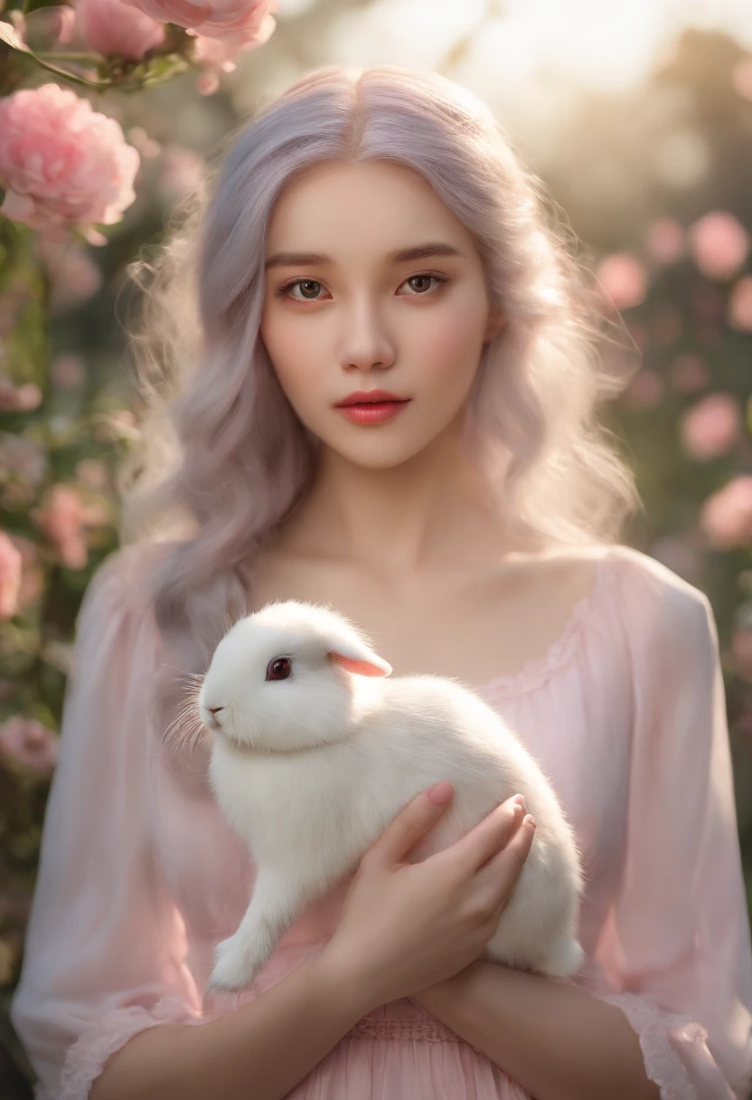 detail, Realism, 4K, 15-year-old girl, detail in face, Big yellow eyes, Plump lips, Upturned nose, Gray hair with pink hair, wears a white dress, A rabbit in his hand, Flowers in the background, White butterfly in the foreground, Realistic shooting, Depth of field, Soft front light, Glow, hdr (pastel colour: 1.2), Canon RF 100mm F2.8L 宏 IS USM