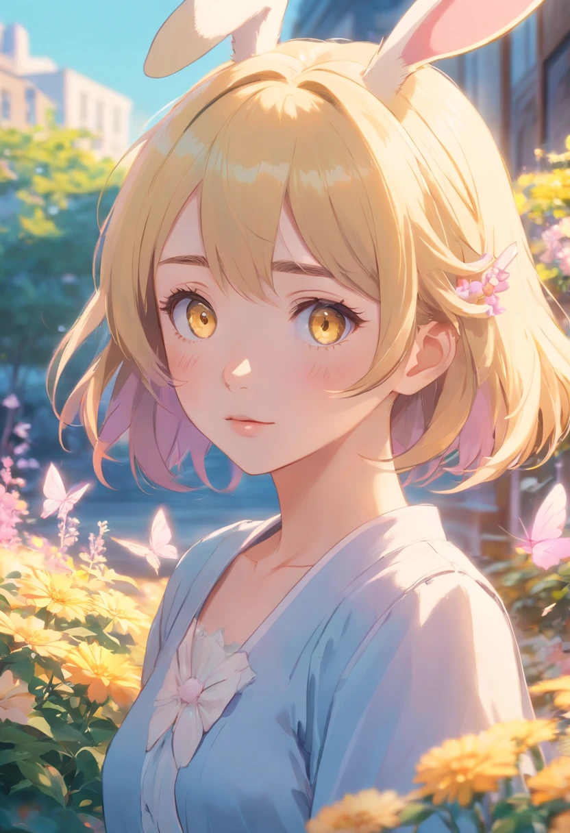 detail, Realism, 4K, -yeld gi detail in face, Big yellow eyes, Plump lips, Upturned nose, Gray hair with pink hair, wears a white dress, A rabbit in his hand, Flowers in the background, White butterfly in the foreground, Realistic shooting, Depth of field, Soft front light, Glow, hdr (pastel colour: 1.2), Canon RF 100mm F2.8L 宏 IS USM