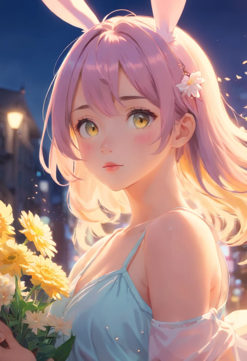 detail, Realism, 4K, 15-year-old girl, detail in face, Big yellow eyes, Plump lips, Upturned nose, Gray hair with pink hair, wears a white dress, A rabbit in his hand, Flowers in the background, White butterfly in the foreground, Realistic shooting, Depth of field, Soft front light, Glow, hdr (pastel colour: 1.2), Canon RF 100mm F2.8L 宏 IS USM