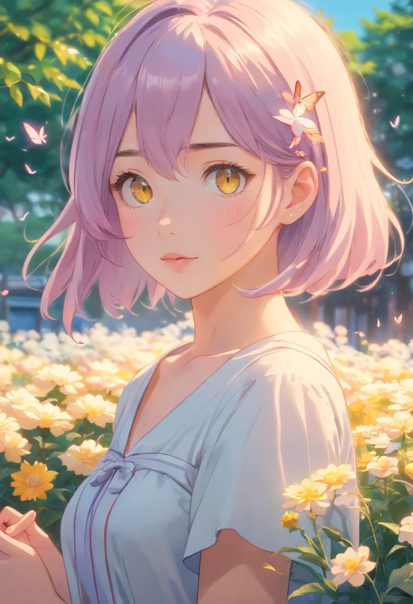 detail, Realism, 4K, 15-year-old girl, detail in face, Big yellow eyes, Plump lips, Upturned nose, Gray hair with pink hair, wears a white dress, A rabbit in his hand, Flowers in the background, White butterfly in the foreground, Realistic shooting, Depth of field, Soft front light, Glow, hdr (pastel colour: 1.2), Canon RF 100mm F2.8L 宏 IS USM