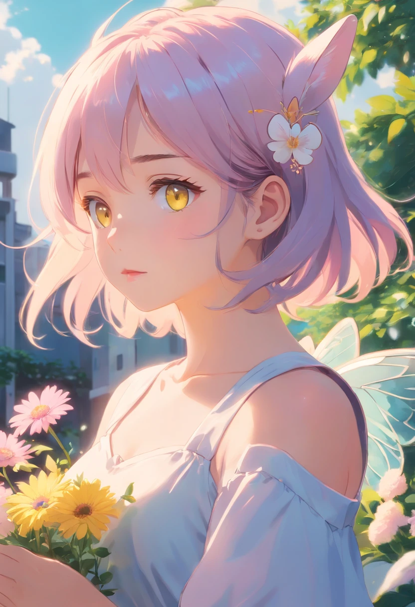 detail, Realism, 4K, 15-year-old girl, detail in face, Big yellow eyes, Plump lips, Upturned nose, Gray hair with pink hair, wears a white dress, A rabbit in his hand, Flowers in the background, White butterfly in the foreground, Realistic shooting, Depth of field, Soft front light, Glow, hdr (pastel colour: 1.2), Canon RF 100mm F2.8L 宏 IS USM
