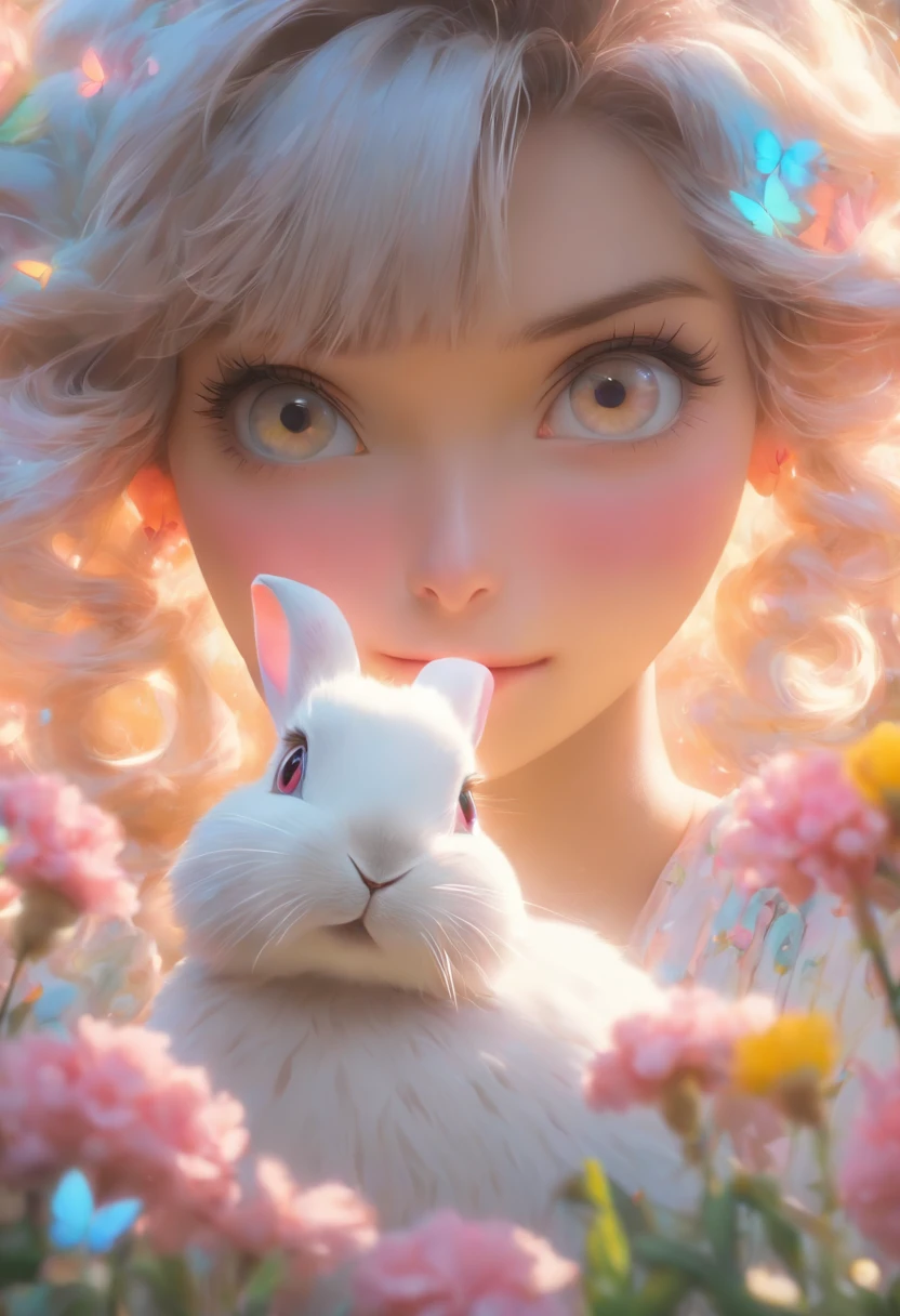 detail, Realism, 4K, 15-year-old girl, detail in face, Big yellow eyes, Plump lips, Upturned nose, Gray hair with pink hair, wears a white dress, A rabbit in his hand, Flowers in the background, White butterfly in the foreground, Realistic shooting, Depth of field, Soft front light, Glow, hdr (pastel colour: 1.2), Canon RF 100mm F2.8L 宏 IS USM