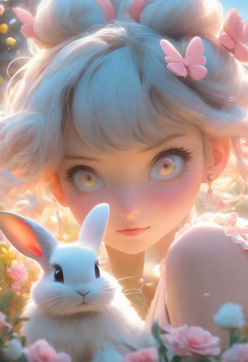 detail, Realism, 4K, 15-year-old girl, detail in face, Big yellow eyes, Plump lips, Upturned nose, Gray hair with pink hair, wears a white dress, A rabbit in his hand, Flowers in the background, White butterfly in the foreground, Realistic shooting, Depth of field, Soft front light, Glow, hdr (pastel colour: 1.2), Canon RF 100mm F2.8L 宏 IS USM
