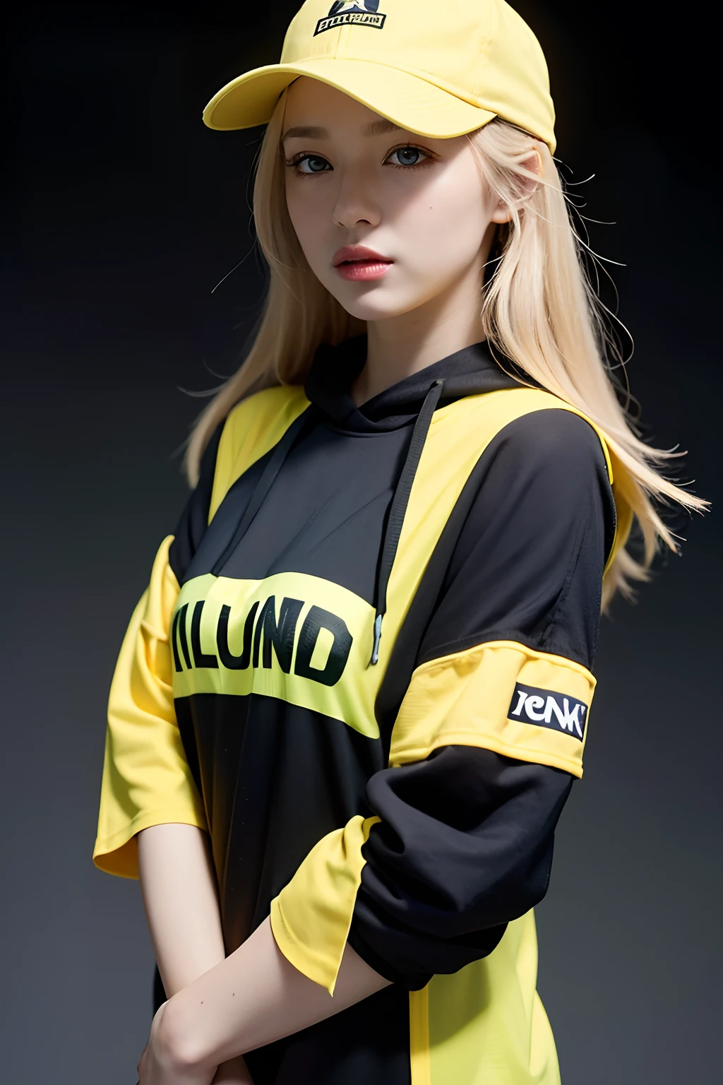 top-quality、masterpiece、超A high resolution、(Photorealsitic:1.4)、Raw photo、1girl in、blonde hair、blue eyess、Eyes and faces with detailed、Yellow-green jersey、Black hood、动态照明、murky、deep-shadows、Sporty、Jersey up and down、Wearing a black hood over a baseball cap、Clothes are yellow-green、Sports attire