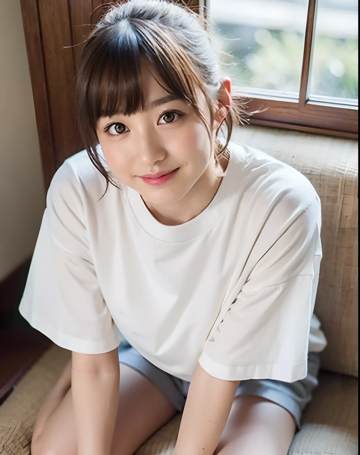 best quality, face focus, soft light, (depth of field) ,ultra high res, (photorealistic:1.4), RAW photo, (moody lighting, night:1.2), bedroom,
(upper thigh:1.4)
1japanese girl, solo, cute, kawaii, (shy, smile:1.1), (brown eyes), natural face, (short hair),
(sit on gray linen chair)
BREAK
(white naked oversize t-shirt:1.2)
