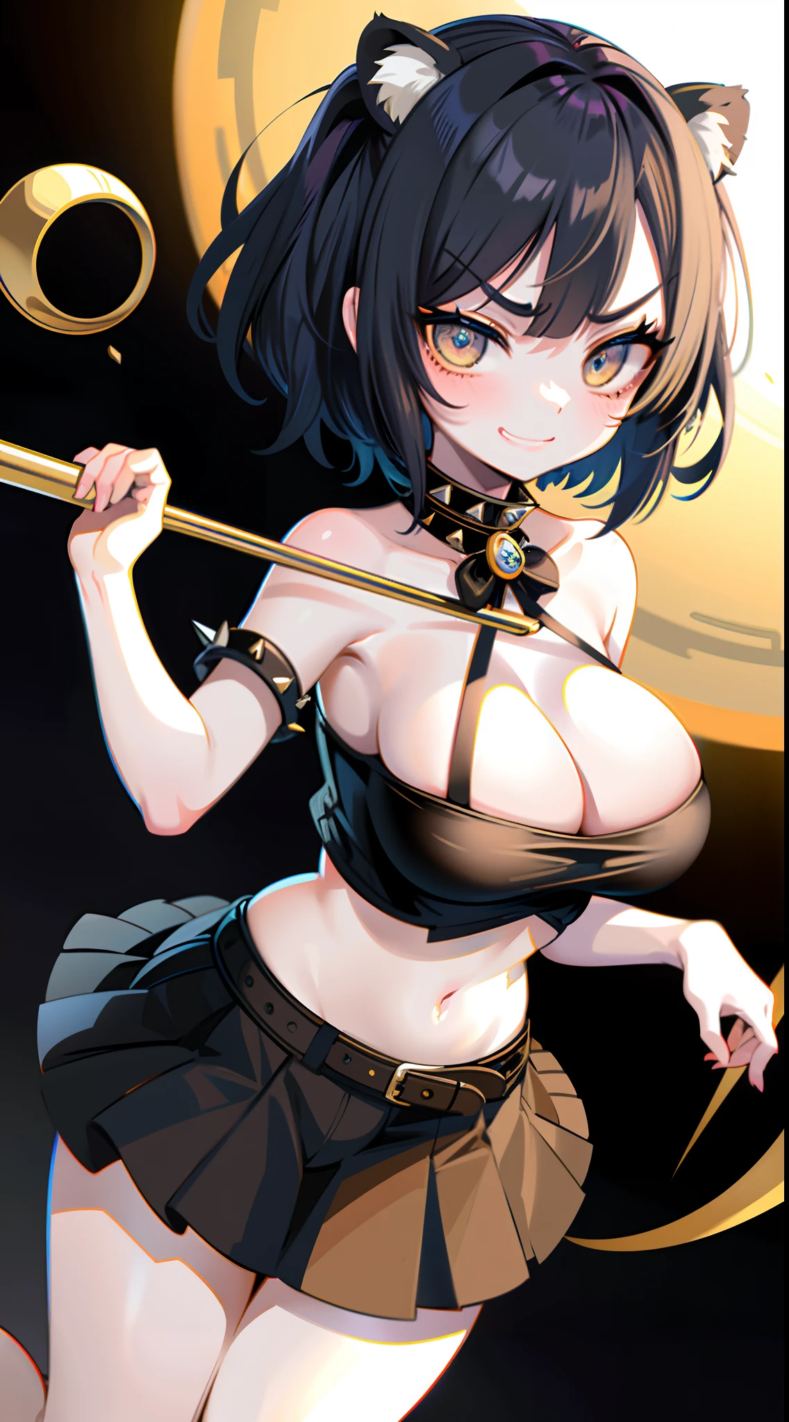 (Realistic painting style:0.9),(faux traditional media:1.0), masutepiece, Best Quality,Bokeh, depth of fields, Looking to the side, Official Alternative Hairstyles, official alternate costume, masutepiece, Best Quality, Volumetric lighting, Best Shadows, Shallow depth of field, Portrait Of Stunningly Beautiful Girl, Petite, Delicate beautiful attractive face with attractive eyes, fine detailed eyes, huge smile, Open mouth, Fangs Out, Lovely Big Breasts, Blush Eyeshadow, Blue hair, ((Medium short hair)), ((hair messy)), (Short hair), (((Unkempt hair))), ((Big size short twin tails)), ((oblique bangs)), Yellow eyes, slanted eye, ((Thick eyebrows)), tusk, (((Spiteful smile, Smirk, tusk))), ((Black Short Sleeve Shirt)), Black Pleated Short Skirt, spike choker, Spike Leg Ring, Black shoes, Yellow belt, Huge breasts, Highly detailed fine art, (finely detailed beautiful eyes and detailed face), delicate portrayal of facial features, Detailed Metal Jewelry, Holding the spike bat, Holding metal rod, Standing, (Highest Quality, Amazing details:1.25), (Solo:1.3), masutepiece, High quality, Brilliant Colorful Paintings, Looking at Viewer, With tiger, Blue sky, Huge breasts, Captive Pose
