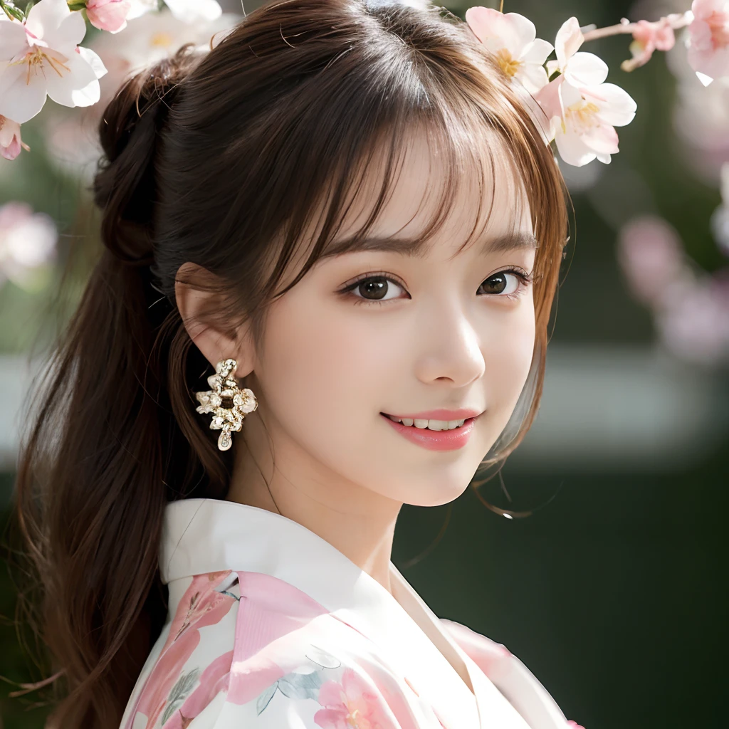 (masutepiece, Best Quality, Photorealistic, Ultra-detailed, Finely detailed, High resolution, 8K Wallpaper), 1 beautiful woman, ((Full body)), Close-up portrait, Smiling, Wearing a kimono with a cherry blossom pattern based on white, earrings, Light brown hair tied in a bun, Floral ornament on the head, Perfect dynamic composition, Beautiful detailed eyes, Like the cover of a fashion magazine, in spring