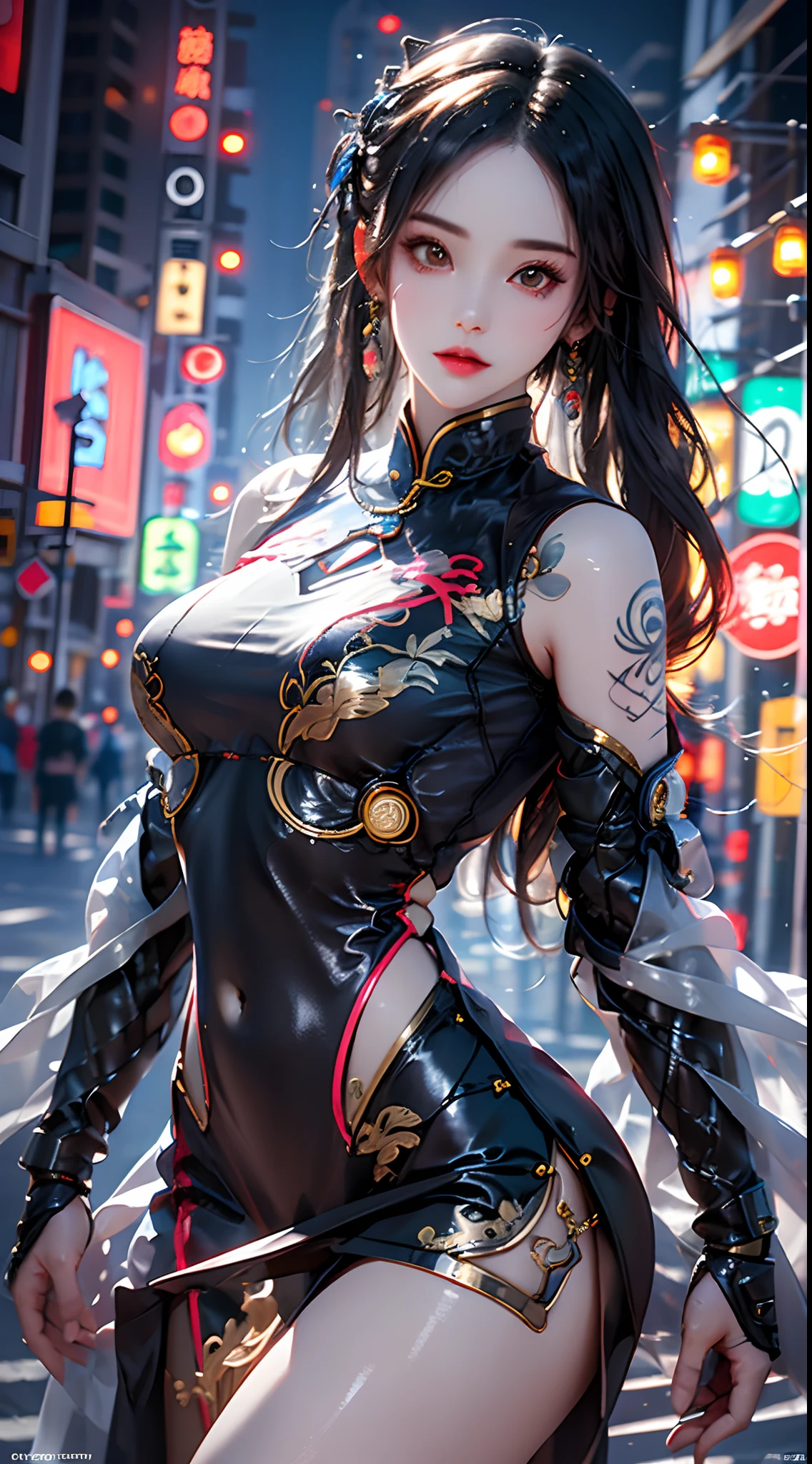 a woman in cheongsam, chinese_clothes, in pink, neon light, mechanical arm, mechanical leg, 1girl, drill hair, long hair, blonde hair, gradient hair, yellow eyes, solo, huge breasts, big hair, blue hair, tiara, divine goddess, looking at viewer, indoors, cyberpunk city, Headdress, hair ornament, a high-tech city, full of machinery and futuristic element, futurism, technology, sexy pose, dynamic pose, astraea, cyberhanfu 