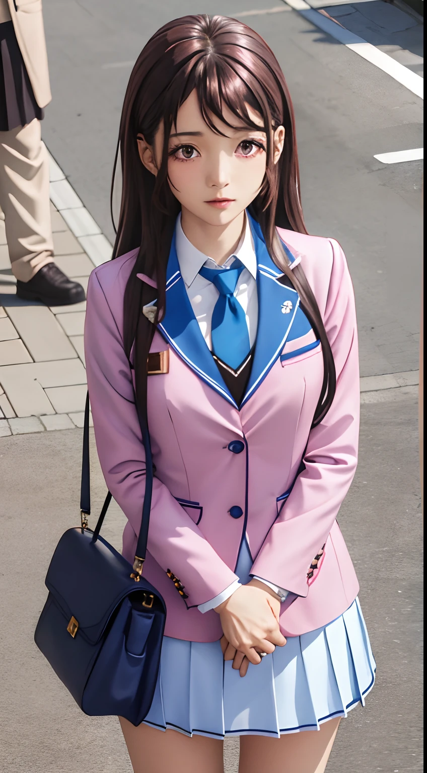 Kaori brown long, brown hair, beautiful face,pink eyes,red eyes, smile ,blush,blue sky, on the street,(masterpiece:1.2), best quality,4k, school uniform, blazer,blue nektie, white jacket ,long sleeves,nektie,pleated skirt, pantyhose ,huge breast,extremely detailed wallpaper, perfect lighting, sunlight,