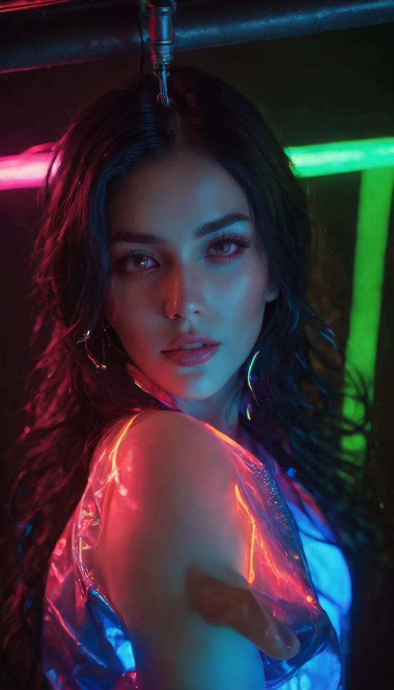 (Adult Spanish woman:1.1), looking to camera, (blue neon Jacket With Rivets:1.3), (rave fashion:1.5), (big tousled black hair:1.3), (open zipper:1.2), (erotic:1.3), (sexy:1.3), (covered with black polyvinyl:1.5), (glowing neon lights:1.7), (dangling sprinkler wires hang from an opening in the ceiling:1.7), best quality, raw, masterpiece, super fine photo, best quality, super high resolution, photorealistic realism, sunlight, full-body portrait, delicate face, vibrant eyes, detailed face, stars background, gorgeous, highly detailed skin, realistic skin details, visible pores, sharp focus, high quality, photo realism, seen from below, translucent, (voluptuous:.5), sensual, lascivious, dominant, (sexual:1.3), sexy, romantic, high quality, film grain, Cinematic Light, sidelighting, Lens Flare, Ray tracing, detailed face, detailed complex stars background, realistic skin details, visible pores, sharp focus, volumetric fog, overexposed light, pop and vibrant colors, extremely colorful, very vibrant colors, colorful!!!, evil. vibrant colors. cute, very colorful, very colourful, fashion photography, bold psychedelic colors, super colorful