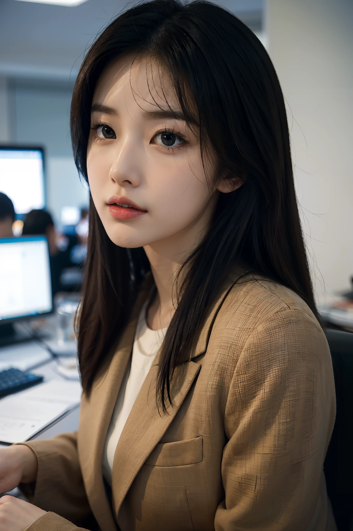 High-res, Realistic portrait of professional korean office lady with perfect skin,Professional suits,Women's suits,stand posture,The upper part of the body,Women in the workplace,Show confidence and maturity, Surrounded by a modern corporate environment, Vibrant and naturally lit highlights. The artwork should emphasize her elegant facial features, Including charming long eyes, Fluttering eyelashes and seductive lips. The scene should be enhanced with elements of professionalism and visual appeal,For example, Stylish work desk, Mainframe computers, High-resolution display, and complex stationery. The overall tone should be warm and professional, Has a soft and natural color palette. The artwork should exude a sense of professionalism, Success, and cultural pride,The background is blurred out