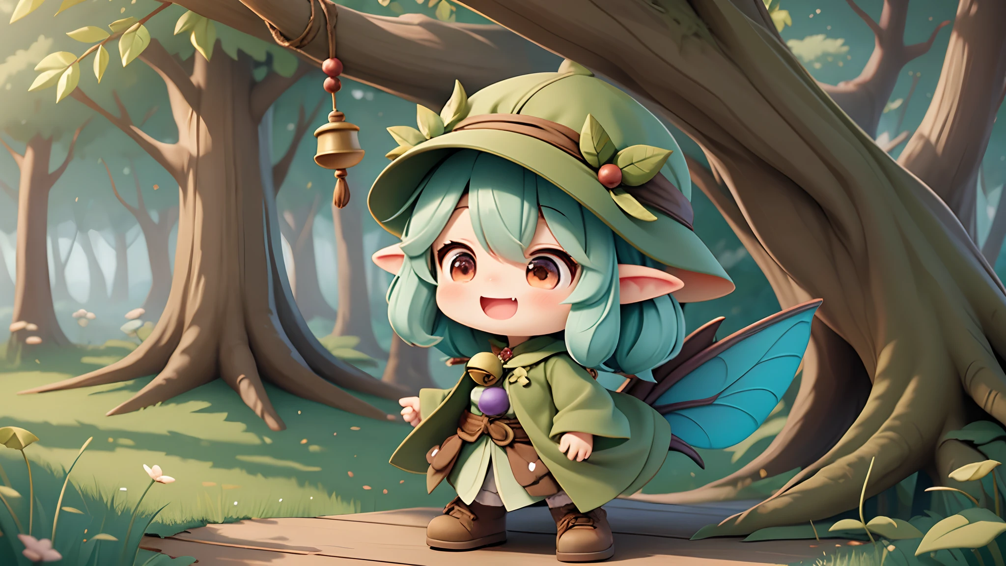 digitalart、forest fae、Yuru Chara style、The hat is characteristic、laugh、Wearing a bell