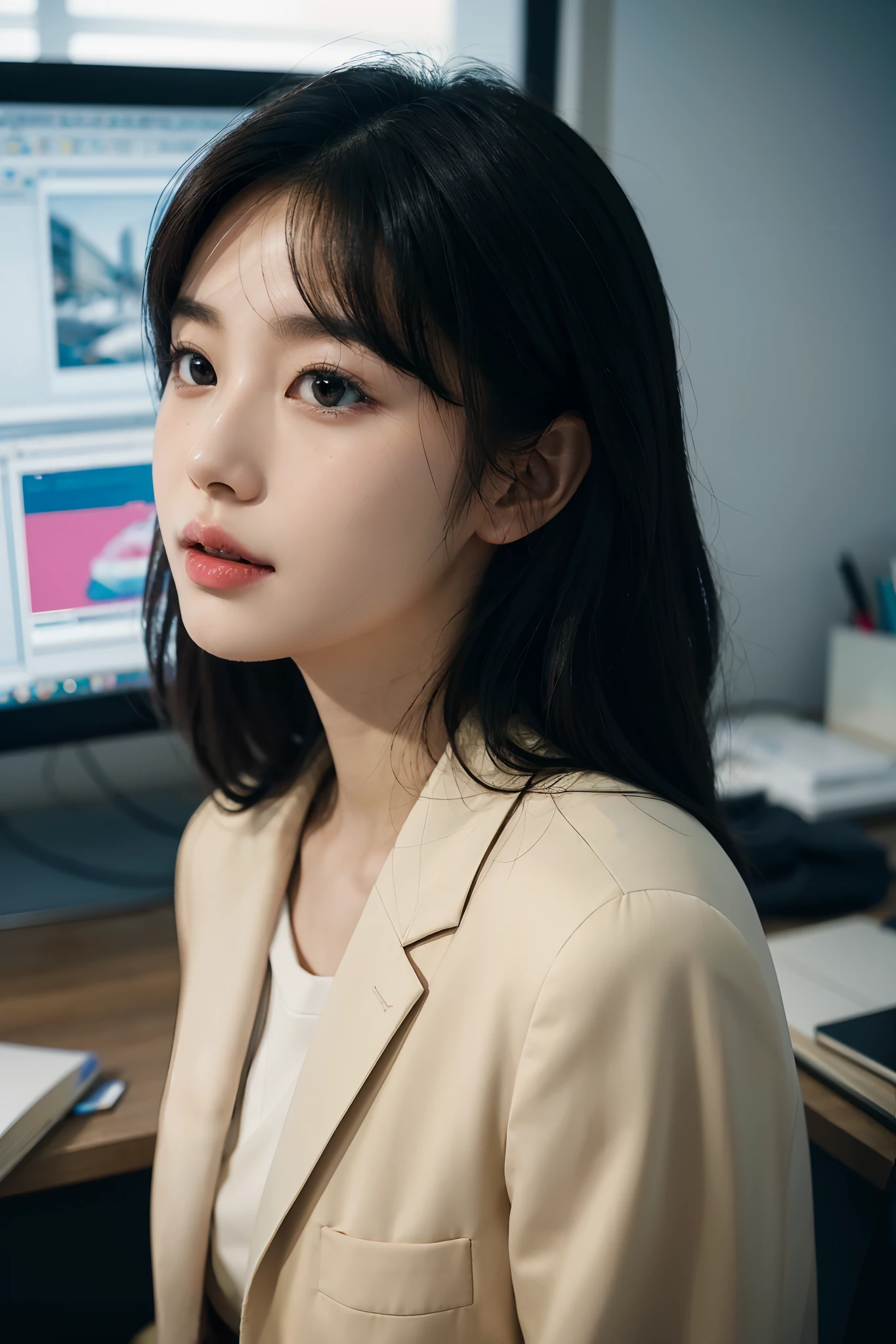 High-res, Realistic portrait of professional korean office lady with perfect skin,Professional suits,Women's suits,stand posture,The upper part of the body,Women in the workplace,Show confidence and maturity, Surrounded by a modern corporate environment, Vibrant and naturally lit highlights. The artwork should emphasize her elegant facial features, Including charming long eyes, Fluttering eyelashes and seductive lips. The scene should be enhanced with elements of professionalism and visual appeal,For example, Stylish work desk, Mainframe computers, High-resolution display, and complex stationery. The overall tone should be warm and professional, Has a soft and natural color palette. The artwork should exude a sense of professionalism, Success, and cultural pride,The background is blurred out