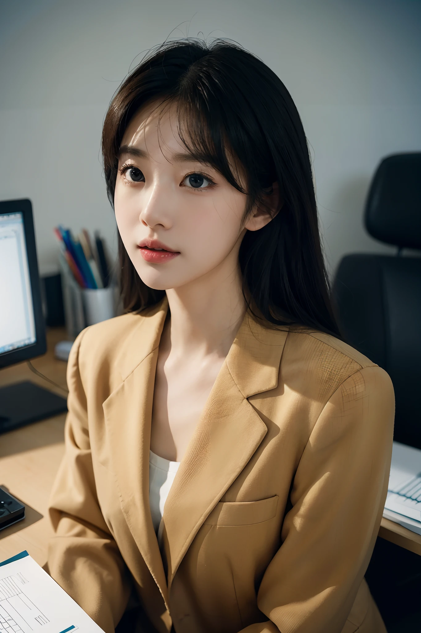 High-res, Realistic portrait of professional korean office lady with perfect skin,Professional suits,Women's suits,stand posture,The upper part of the body,Women in the workplace,Show confidence and maturity, Surrounded by a modern corporate environment, Vibrant and naturally lit highlights. The artwork should emphasize her elegant facial features, Including charming long eyes, Fluttering eyelashes and seductive lips. The scene should be enhanced with elements of professionalism and visual appeal,For example, Stylish work desk, Mainframe computers, High-resolution display, and complex stationery. The overall tone should be warm and professional, Has a soft and natural color palette. The artwork should exude a sense of professionalism, Success, and cultural pride,The background is blurred out
