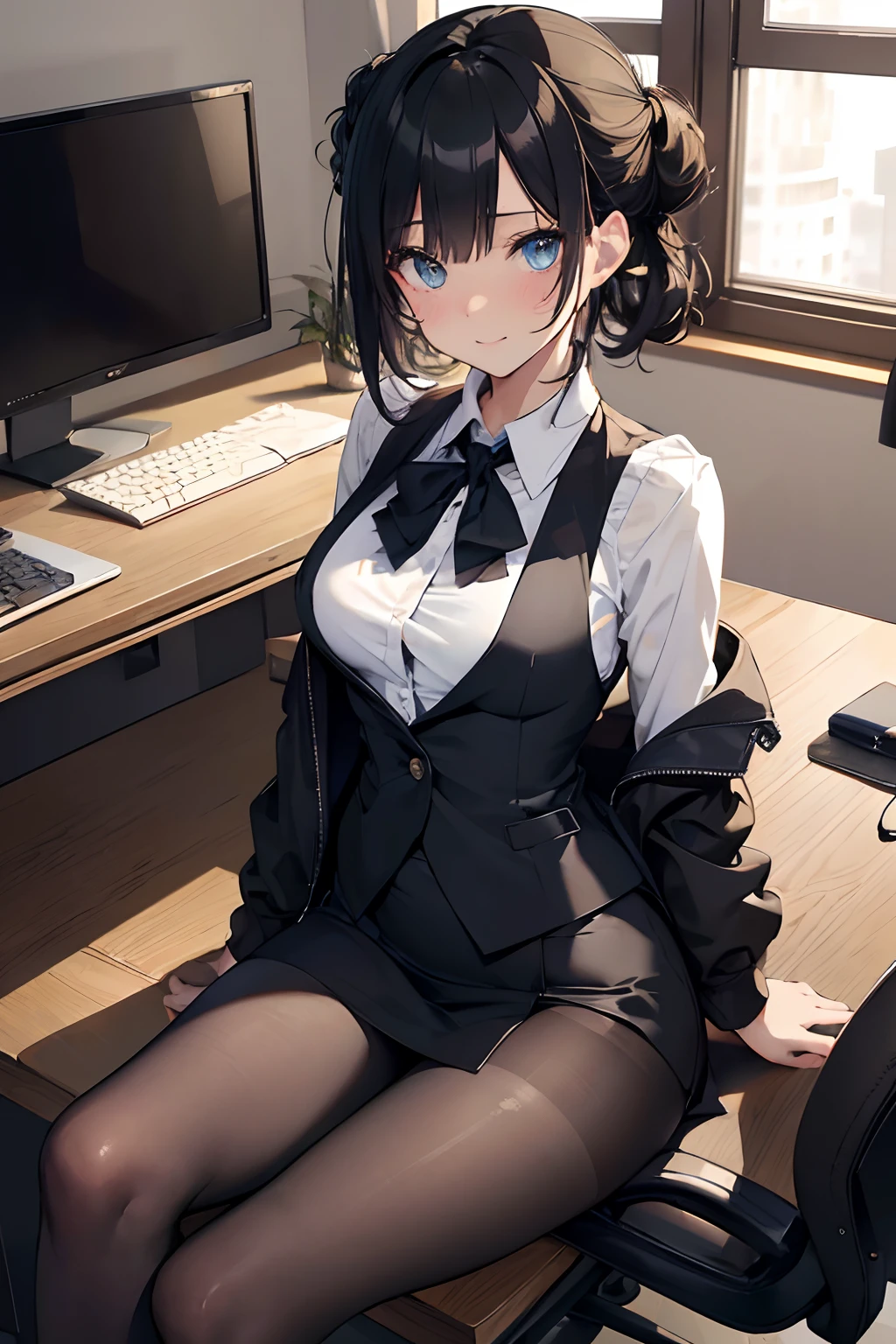 (RAW, best quality, masterpiece:1.5), (photo realistic, intricate details:1.2), ultra highres, absurdres, 1girl, beautiful face, blue eyes, green eyes, detalied eyes, symmetric eyes, light on face, nose blush, short hair, hair bun, black hair tie, clk, vest, suit, pencil miniskirt, white shirt, silk scarf, black pantyhose, [:20d, :0.8], smile, small dimples, sexually suggestive, medium breasts, slim waist, slim legs, long legs, sitting on chair in front of desk, perfect body, good proportions, looking at viewer, (office, indoor, hyper detailed background:1.2), japan, copy machine, file cabinet, computer, monitor, shiny skin, real skin texture, natural lighting, best lighting, detailed background, detailed shadow, sharp focus, depth of field f/2, saturated, high contrast, strong light and shadow