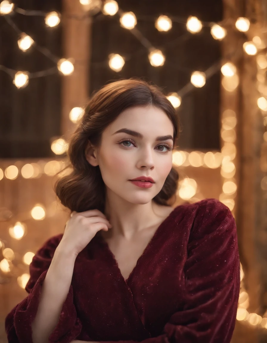 Woman dressed in retro style, New Year photo, New Year decorations behind her, holiday lights, lanterns, background lights, bokeh style, semi-long shot, high quality photo, (close-up)