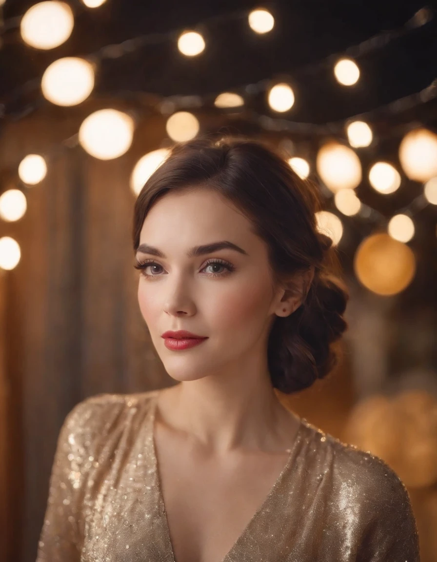Woman dressed in retro style, New Year photo, New Year decorations behind her, holiday lights, lanterns, background lights, bokeh style, semi-long shot, high quality photo, (close-up)