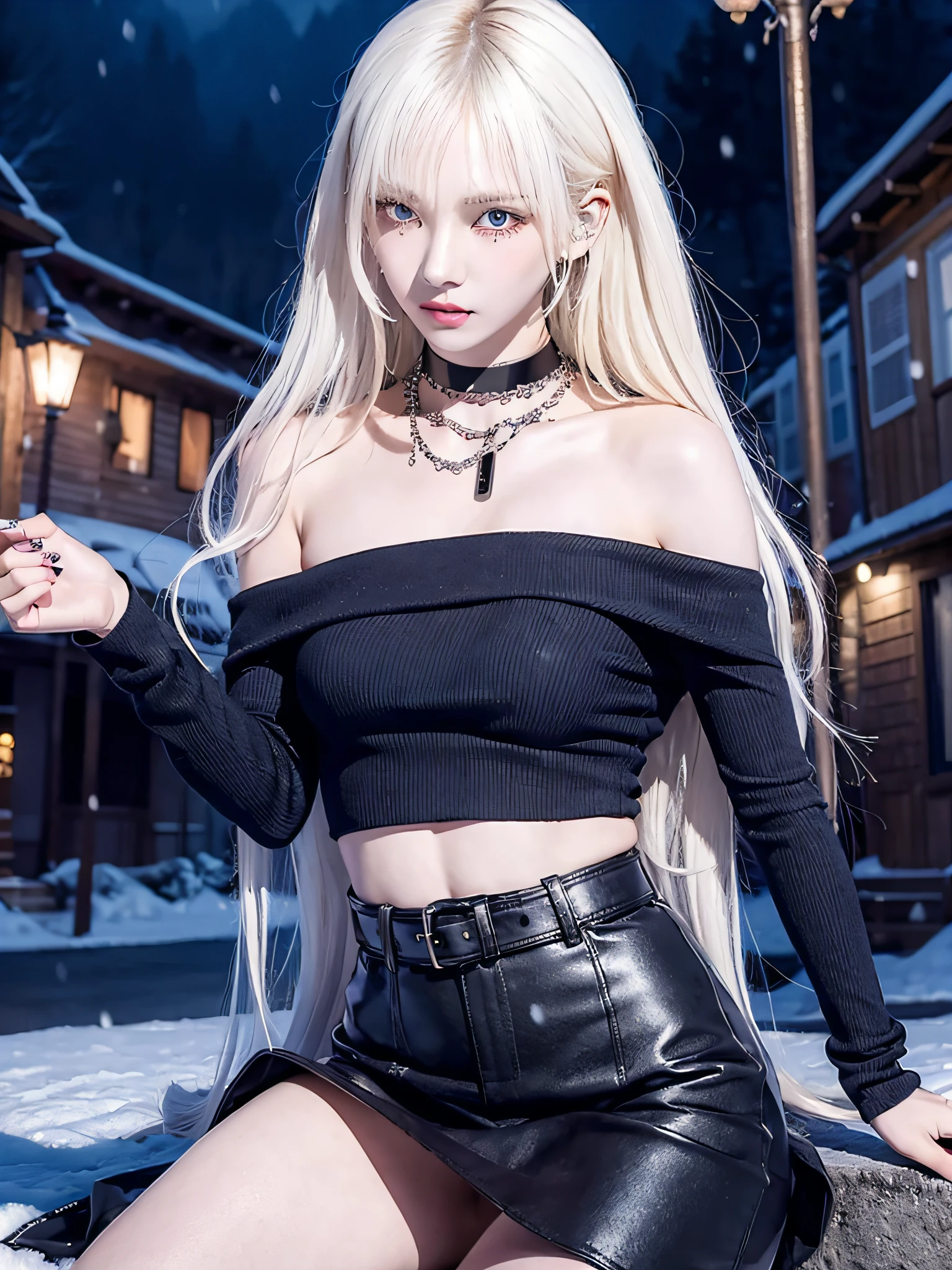 tall girl with fangs sitting in the street at night, sexy pose ,snow on the ground, wet clothes, seductive, beauty spot on chin, wearing a loose oversized jacket, off the shoulder, fishnet leggings, wearing an oversized dress, wearing a long loose white shirt, sexy thighs, side pose, small mole on the chin, blushing, neon lights in the background, detailed background, raining, long sleeves, neck choker with necklace, long necklace, evil look, detailed digital anime art