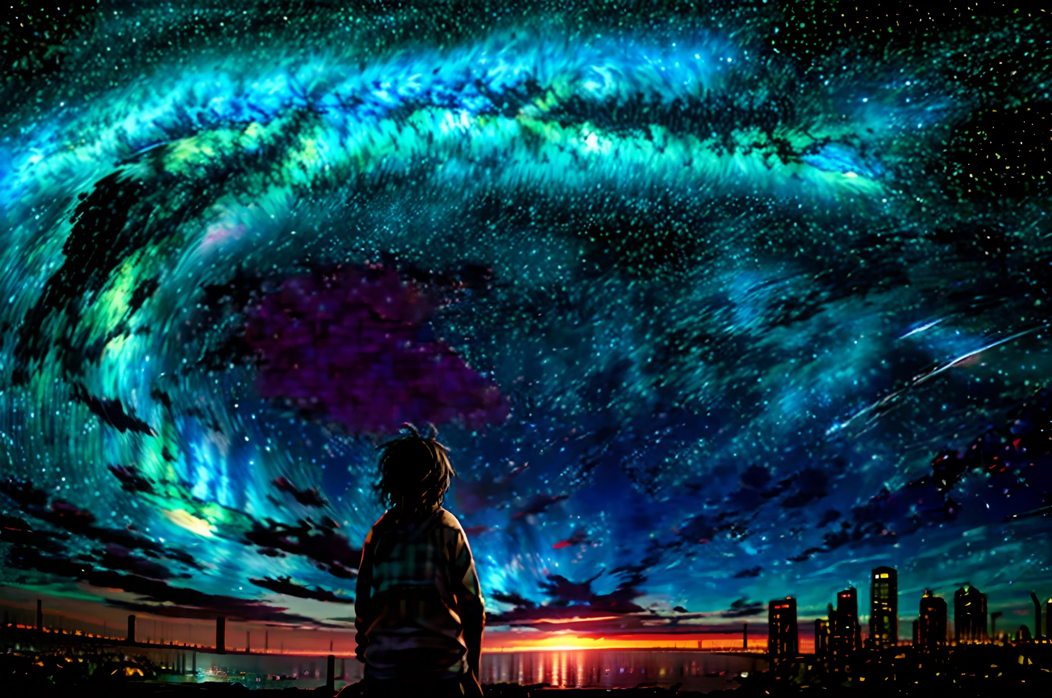 octane, sky, star (sky), landscape, starry sky, night, only child, night sky, solo, outdoor, signature, building, clouds, milky way, sitting, tree, long hair, city, silhouette, cityscape
