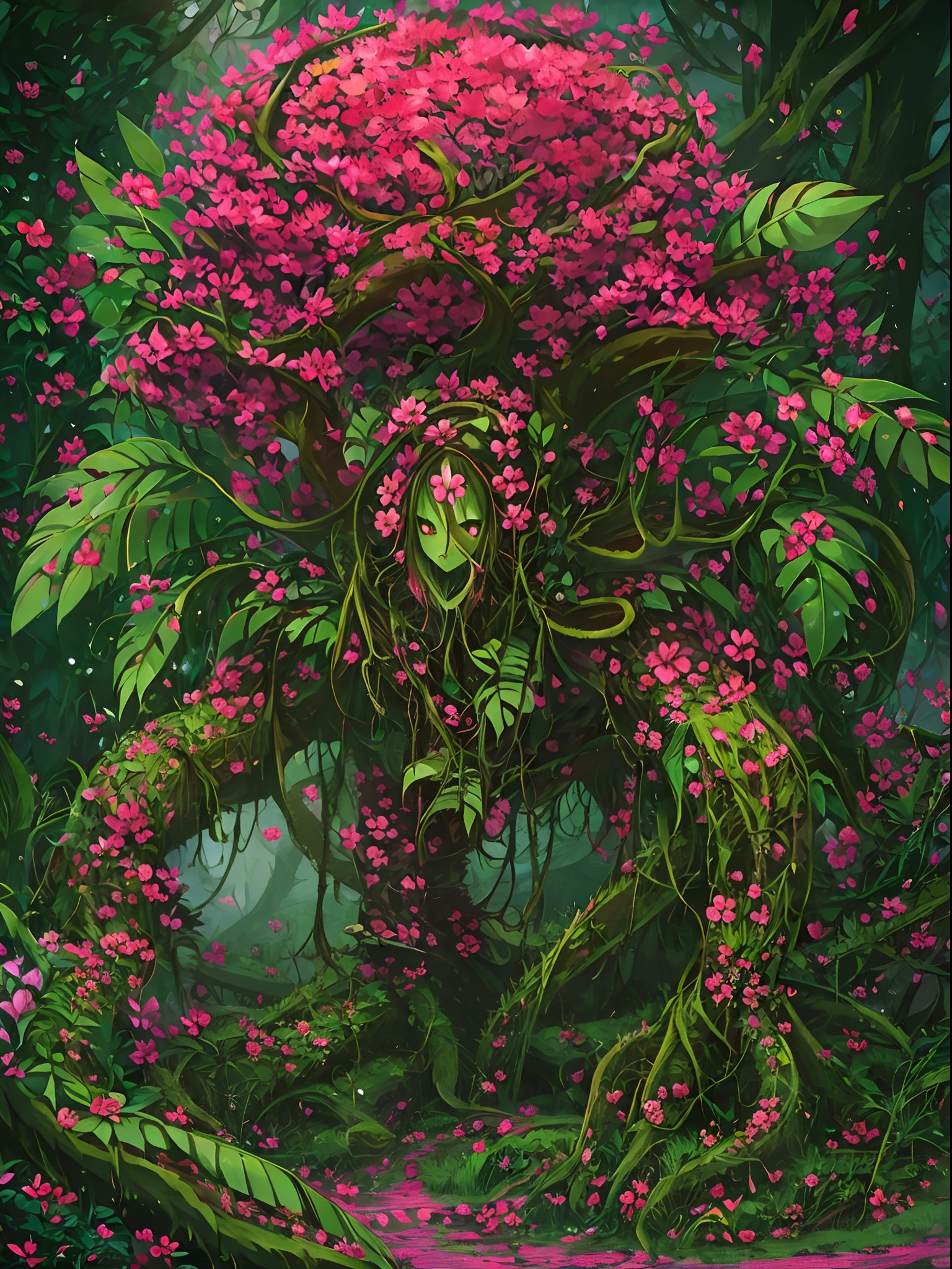 alraune, This monster lives deep in the forests and mimics flowers to prey on its prey. It has a large, beautiful red flower on its head and covers its body with vines and schools of flowers.