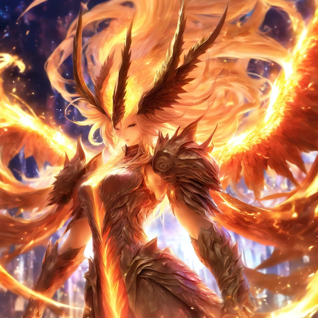 Final Fantasy Summoner Bahamut,myth、(Transparent golden light,kirakira,Long flowing hair fluttering in the wind,brunette color hair、 hyper HD, High resolution, Very detailed, Top image quality,(dynamicposes:1.5),Arranged in an orderly manner