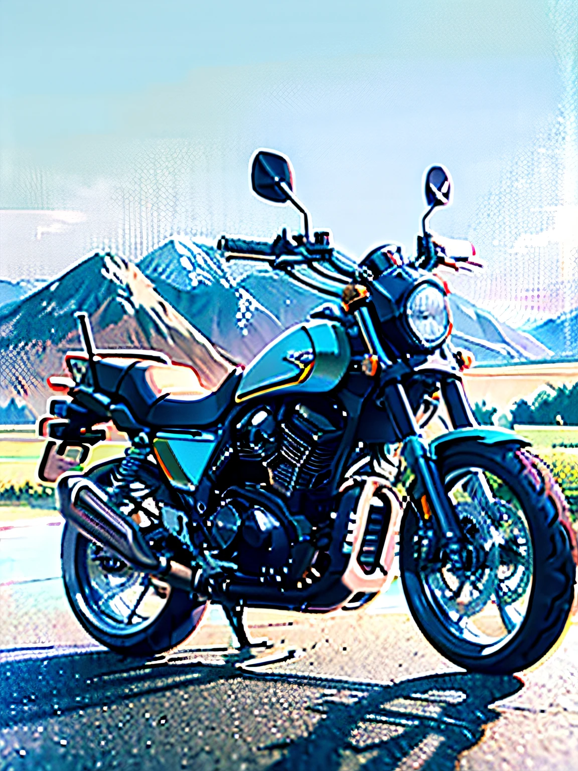 best quality,ultra-detailed,realistic,photorealistic:1.37,masterpiece:1.2,studio lighting,physically-based rendering,professional,vivid colors,extreme detail description,(portrait),motorcycle,cool,roaring,one man riding a Lifan V16 Plus motorcycle, glossy, sleek body, shining metallic paint, dynamic pose, speeding on the open road, hair flowing in the wind, intense focus in his eyes, precise control over the motorcycle, adrenaline rushing through his veins, surrounded by a breathtaking landscape, vibrant colors, contrasting light and shadow, dramatic clouds in the sky, mountains in the distance, creating a sense of freedom and adventure, a perfect moment frozen in time.